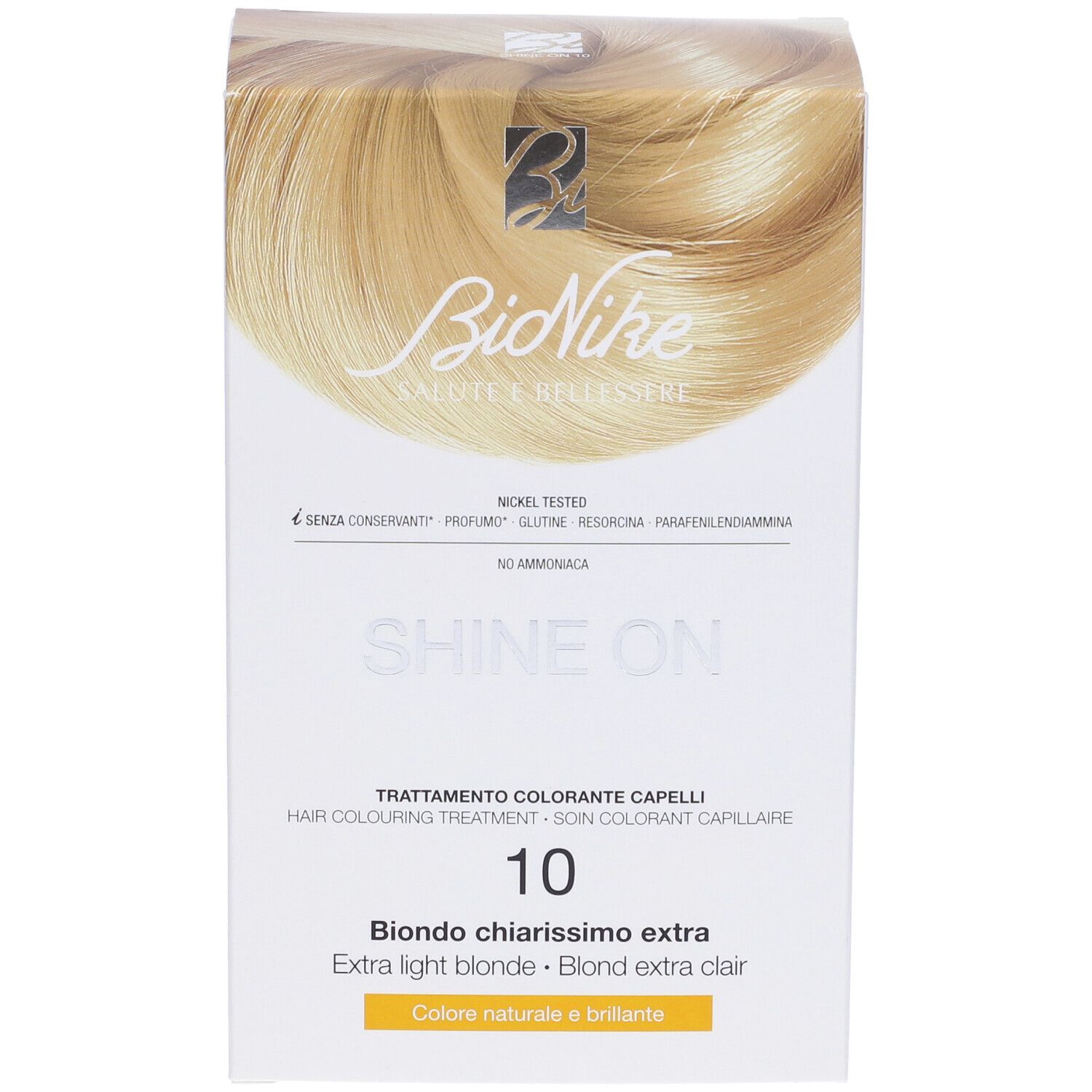 BioNike Shine On 10 Haarfarbepackung. Blondes Haar abgebildet. Aufschrift: Biondo chiarissimo extra.
