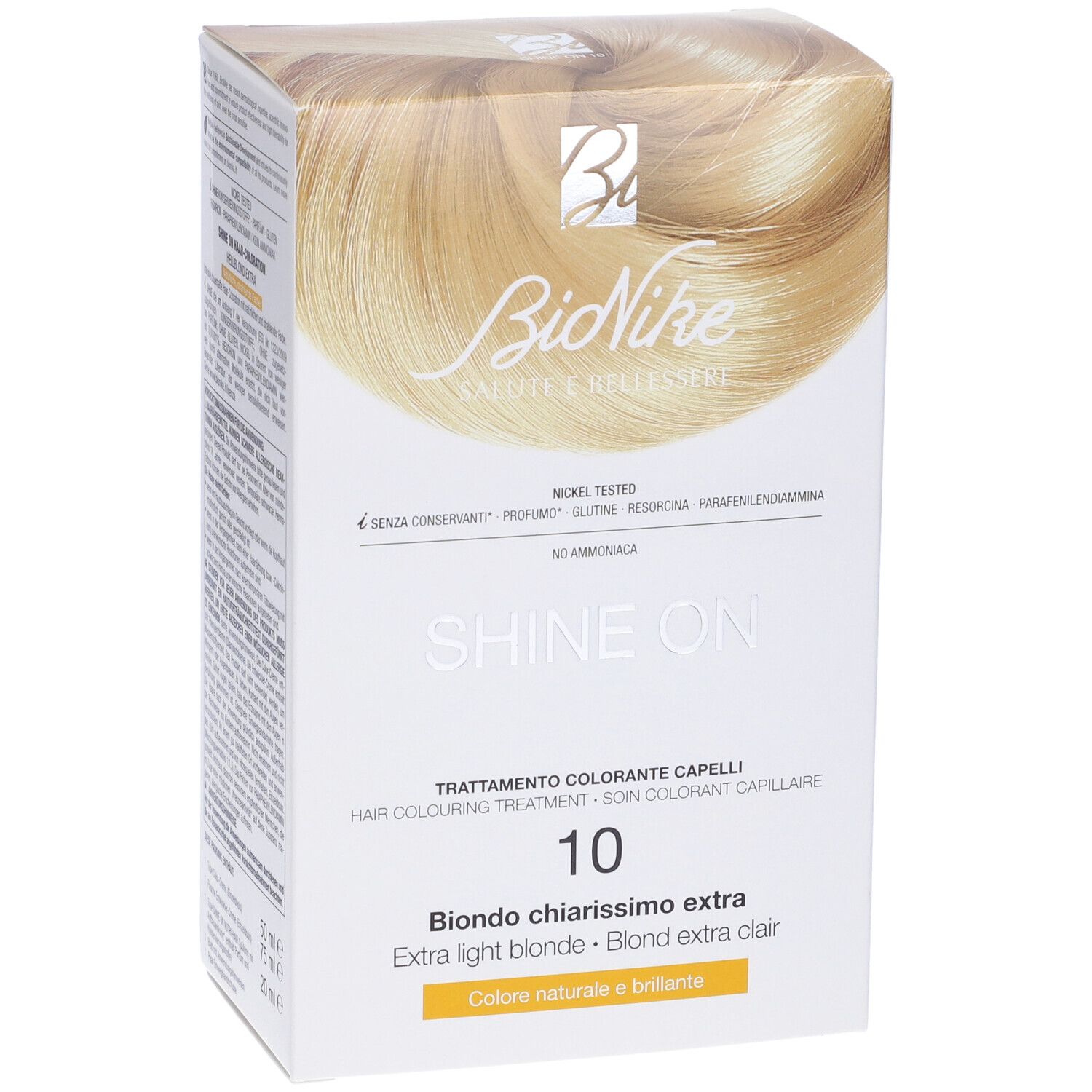 BioNike Shine On 10 Haarfarbepackung. Blondes Haar abgebildet. Aufschrift: Biondo chiarissimo extra.