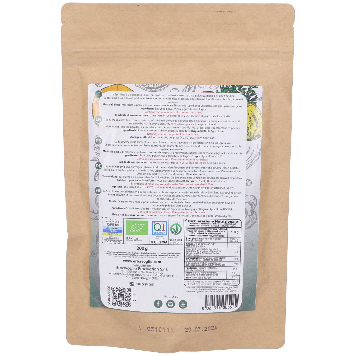 Retro della busta con testo e informazioni nutrizionali. Loghi: Bio, marchi di qualità, 200g, QR code, codice a barre.