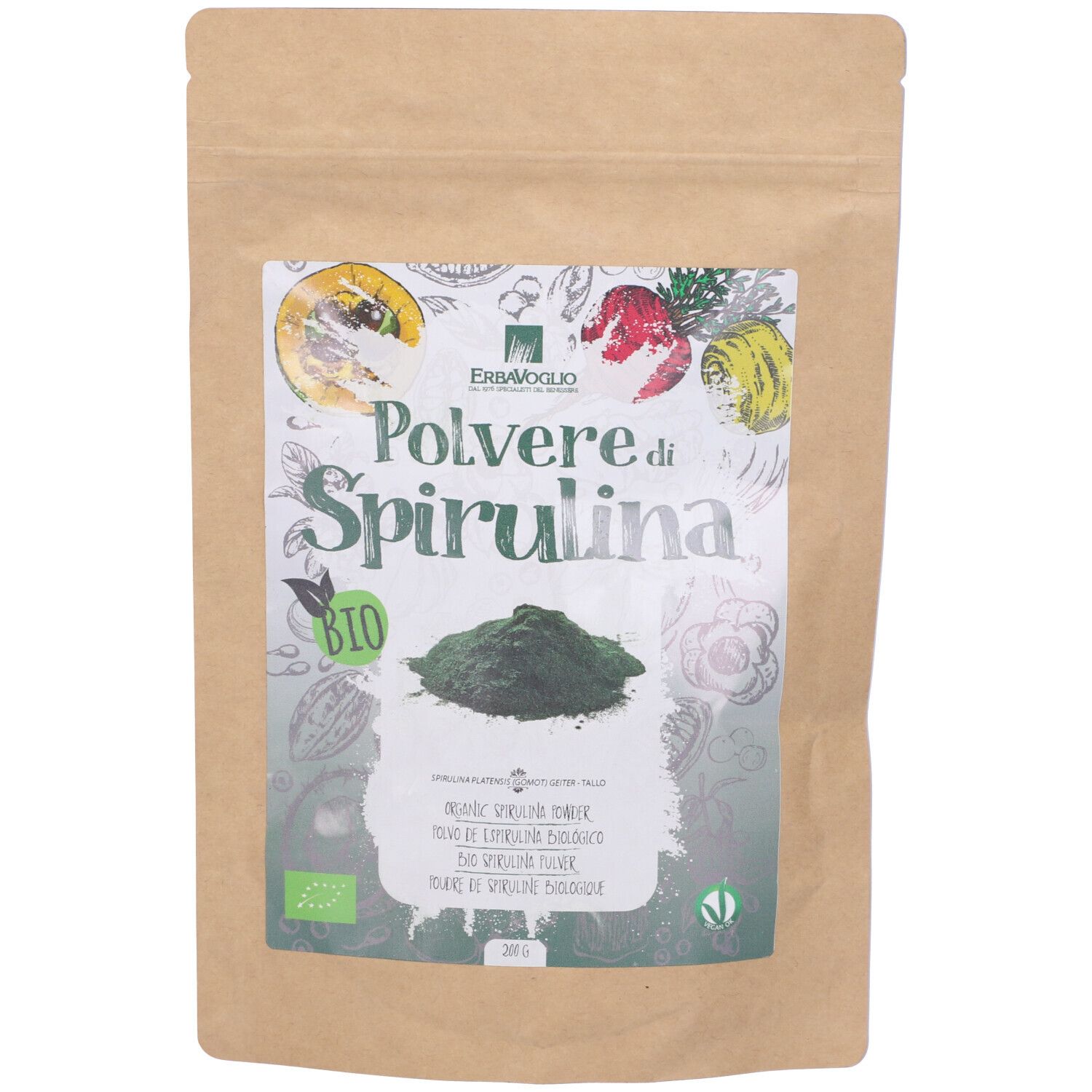 Busta con polvere di spirulina. Scritta: Polvere di Spirulina, logo Bio, immagine polvere verde, 200g.