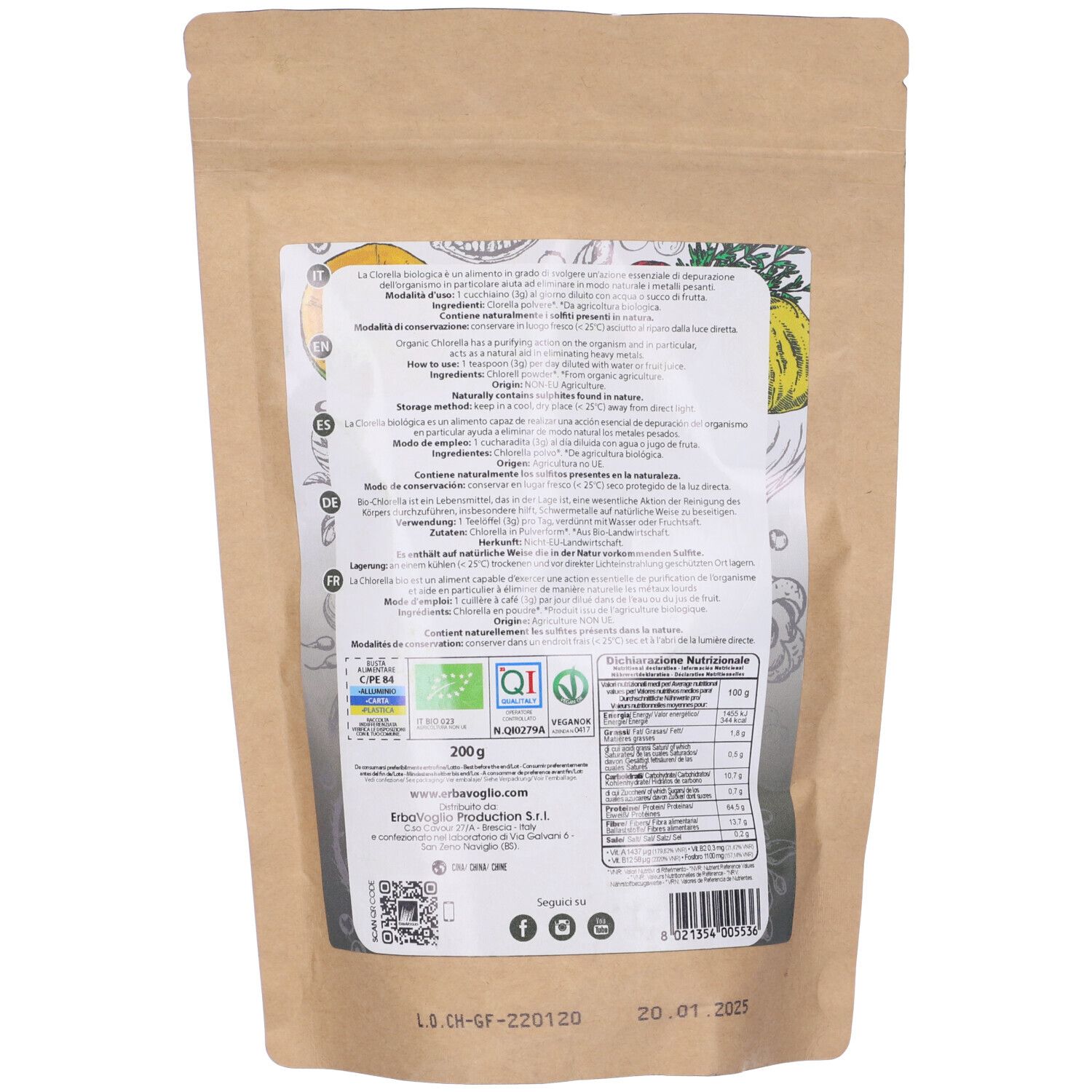 Retro della busta. Etichetta con testo e informazioni nutrizionali. Certificazione bio. Testo multilingue.