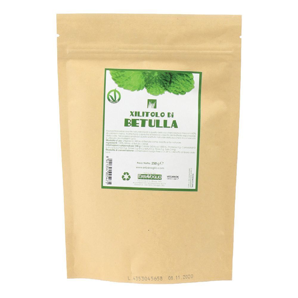 Busta con etichetta verde. Testo: Xylitolo di Betulla. Etichetta verde e bianca con informazioni e logo.
