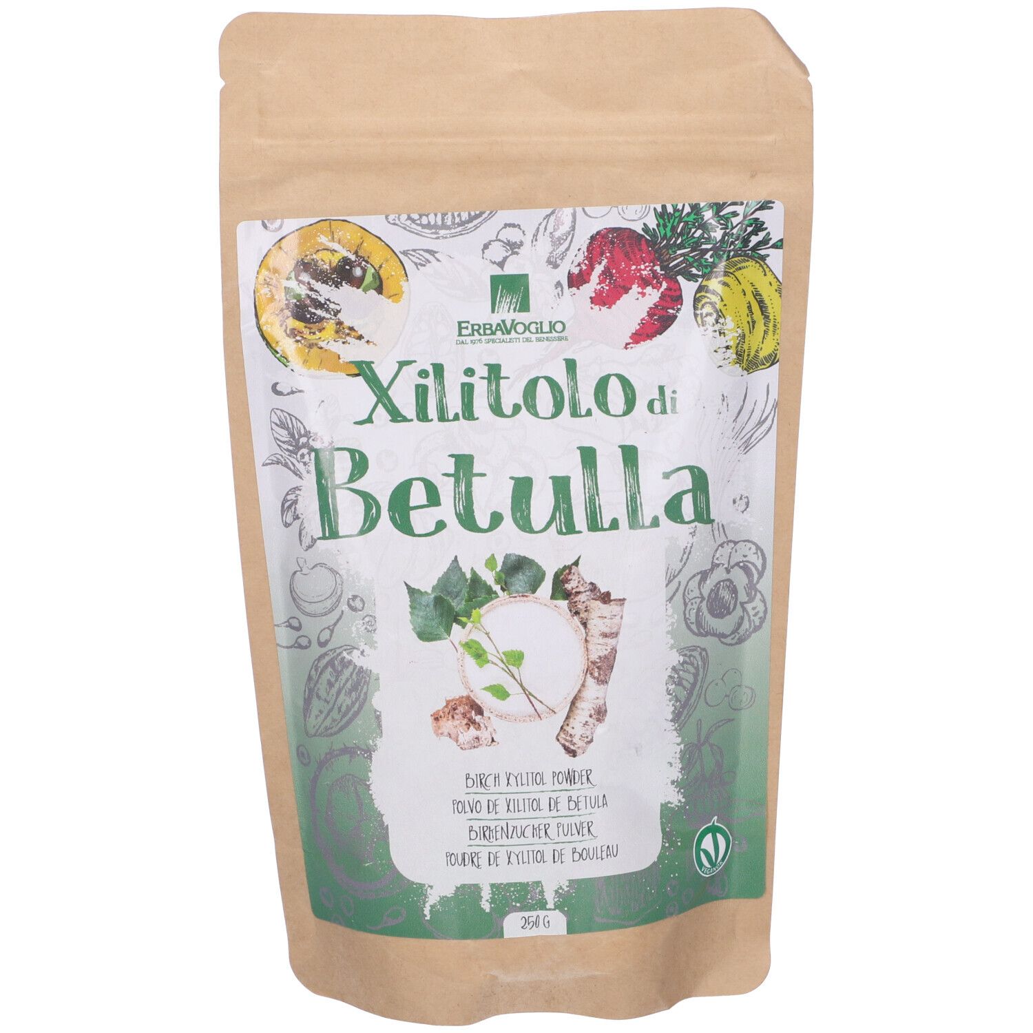 Busta con nome prodotto Xylitolo di Betulla. Illustrazioni di foglie e verdure. Logo Erba Voglio.