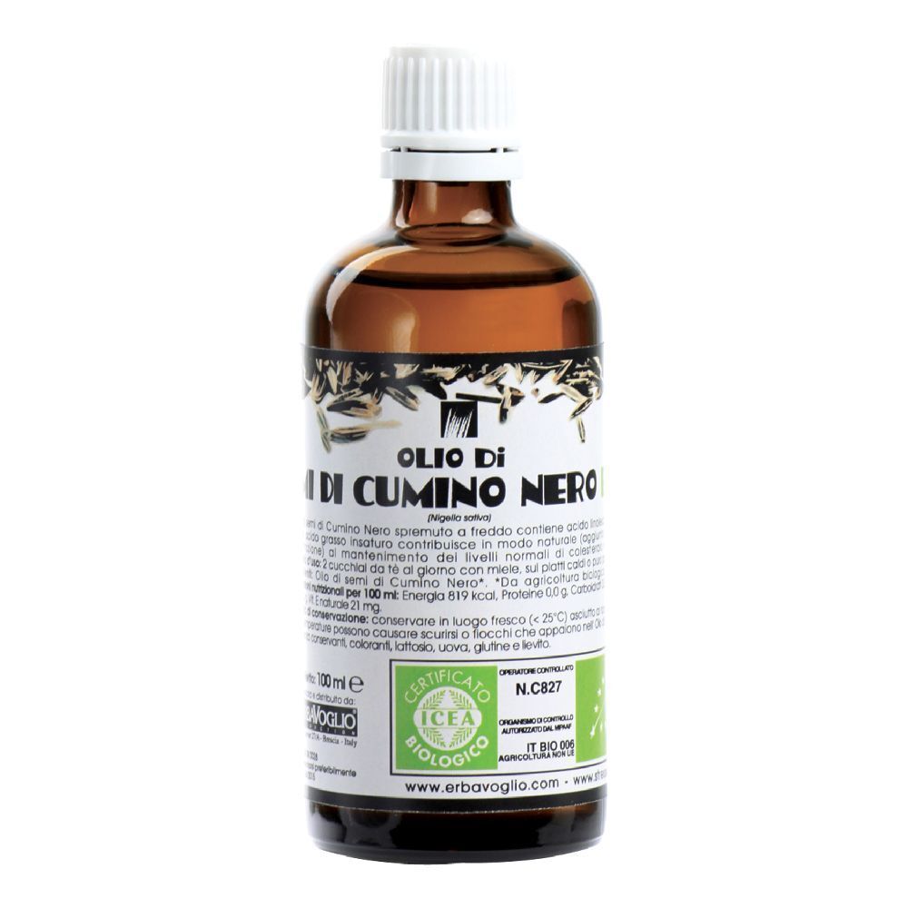 Bottiglia di vetro marrone con tappo bianco. Etichetta con testo: Olio di Semi di Cumino Nero. Certificazione biologica.