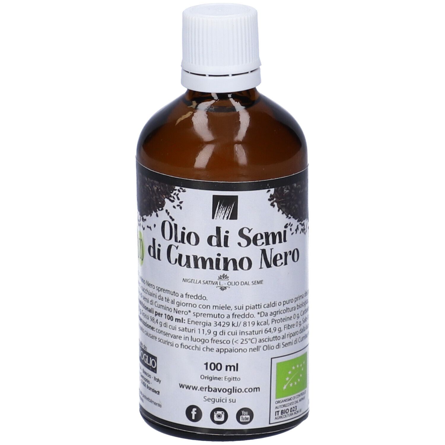 Bottiglia di vetro marrone con tappo bianco. Etichetta con testo: Olio di Semi di Cumino Nero. 100 ml. Certificazione biologica.