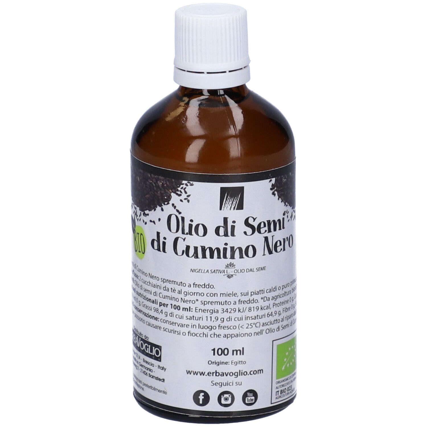 Bottiglia di vetro marrone con tappo bianco. Etichetta con testo: Olio di Semi di Cumino Nero. 100 ml. Certificazione biologica.