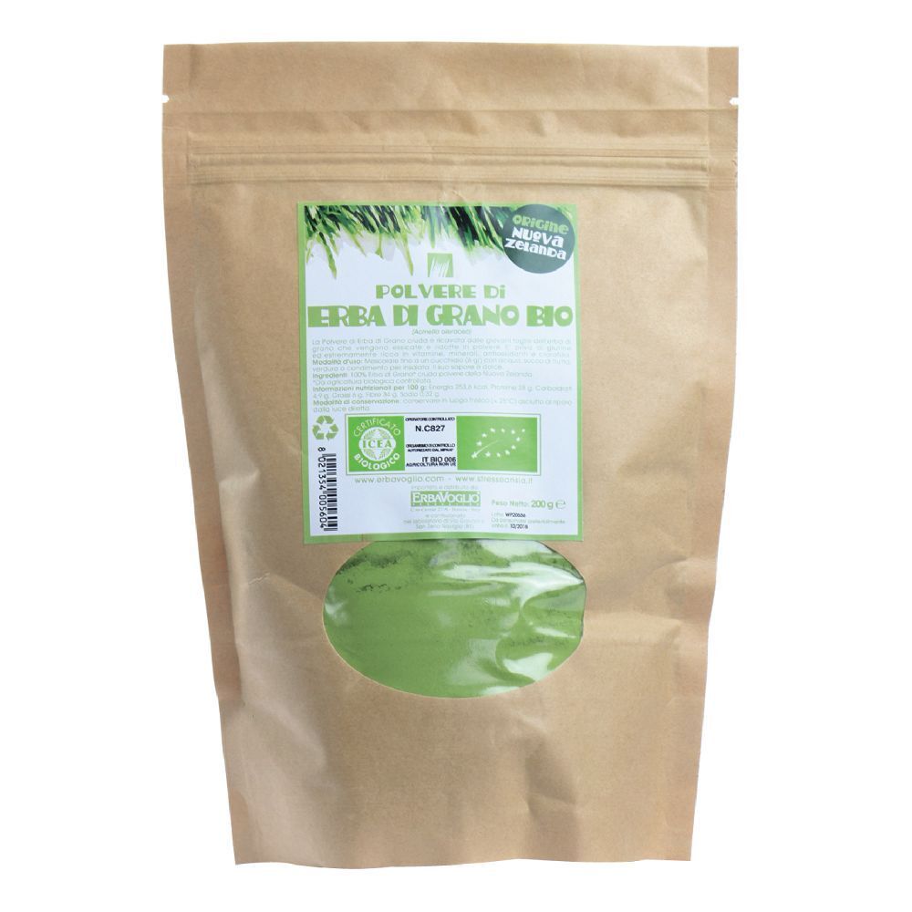 Busta con polvere. Finestra mostra polvere verde. Etichetta con testo e sigillo biologico.