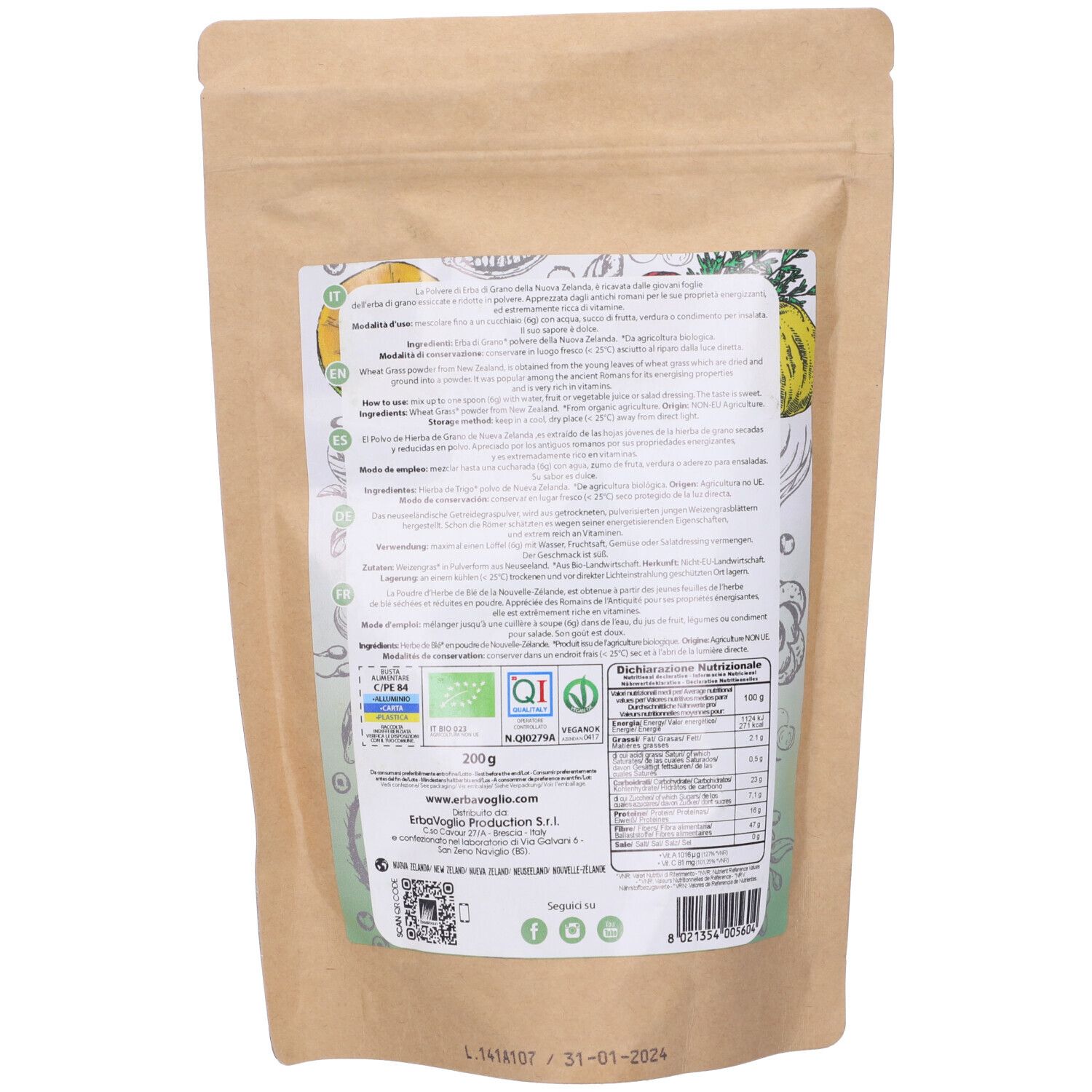 Retro della busta. Etichetta con testo, informazioni nutrizionali e sigillo bio. Codice a barre in basso.