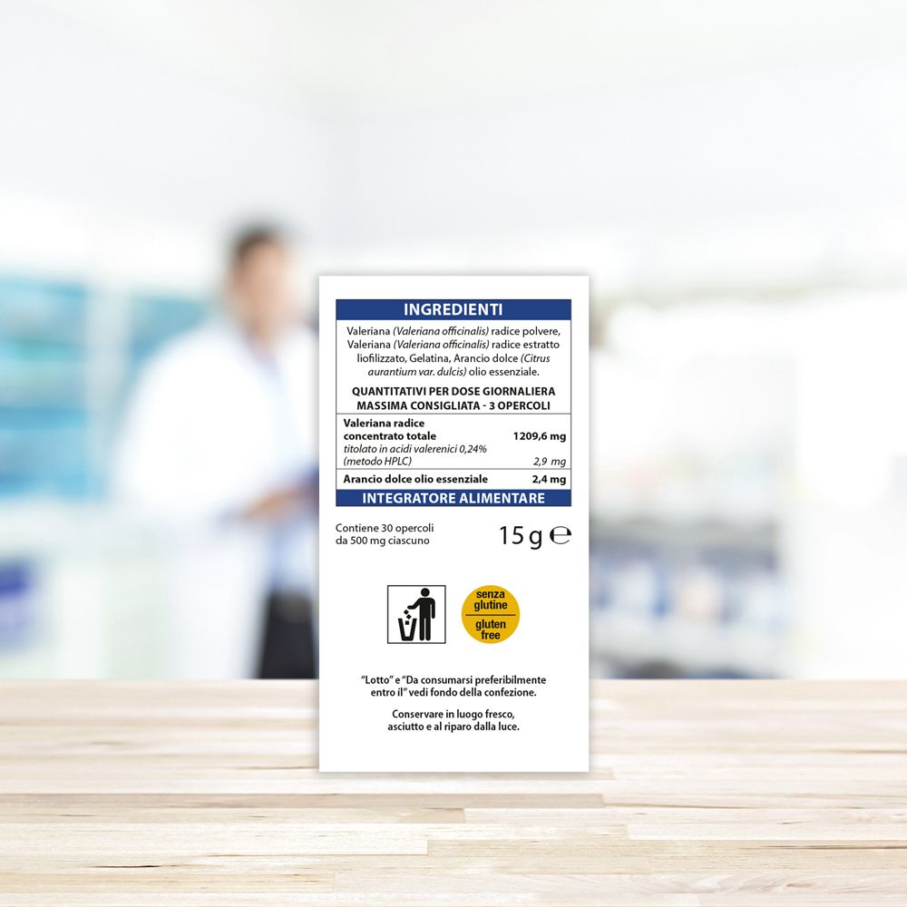 Rückseite der Schachtel Valeriana® plus. Text: Zutaten, Dosierung, Hinweise. Glutenfrei-Siegel. Aboca-Logo.