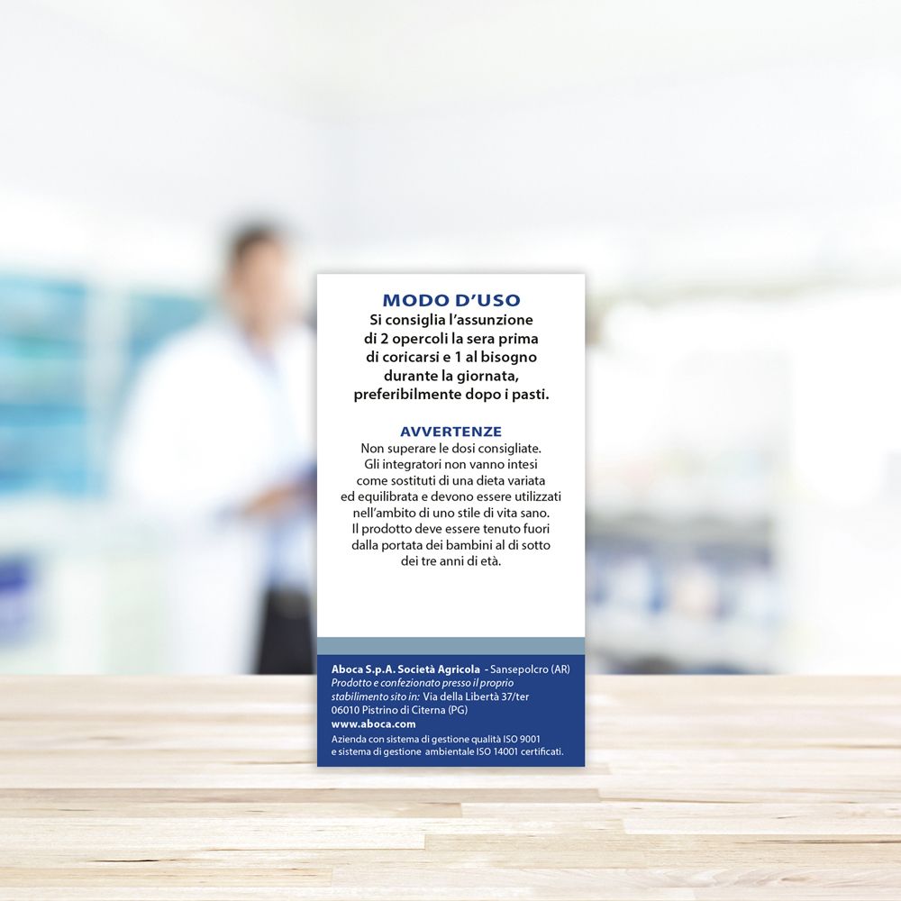 Text auf der Rückseite der Schachtel Valeriana® plus. Text: Anwendung, Warnhinweise, Aboca-Logo.