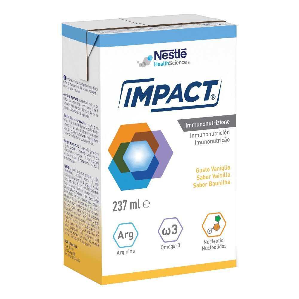 Impact Oral Vaniglia Brick. Confezione da 237 ml. Contiene arginina, omega-3 e nucleotidi. Gusto vaniglia. Logo Nestle HealthScience.