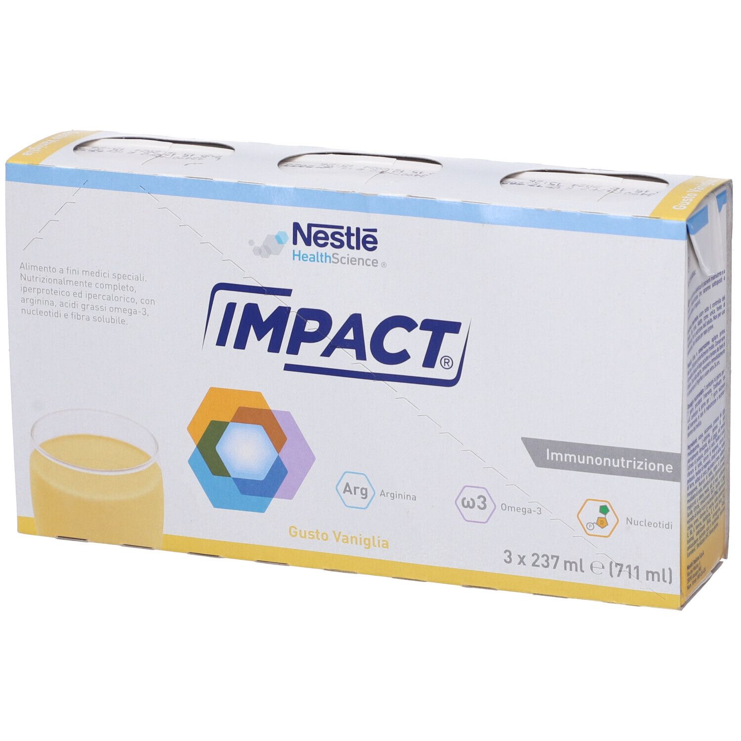 Confezione da 3 brick Impact Oral Vaniglia. Ogni brick 237 ml. Contiene arginina, omega-3 e nucleotidi. Logo Nestle HealthScience.