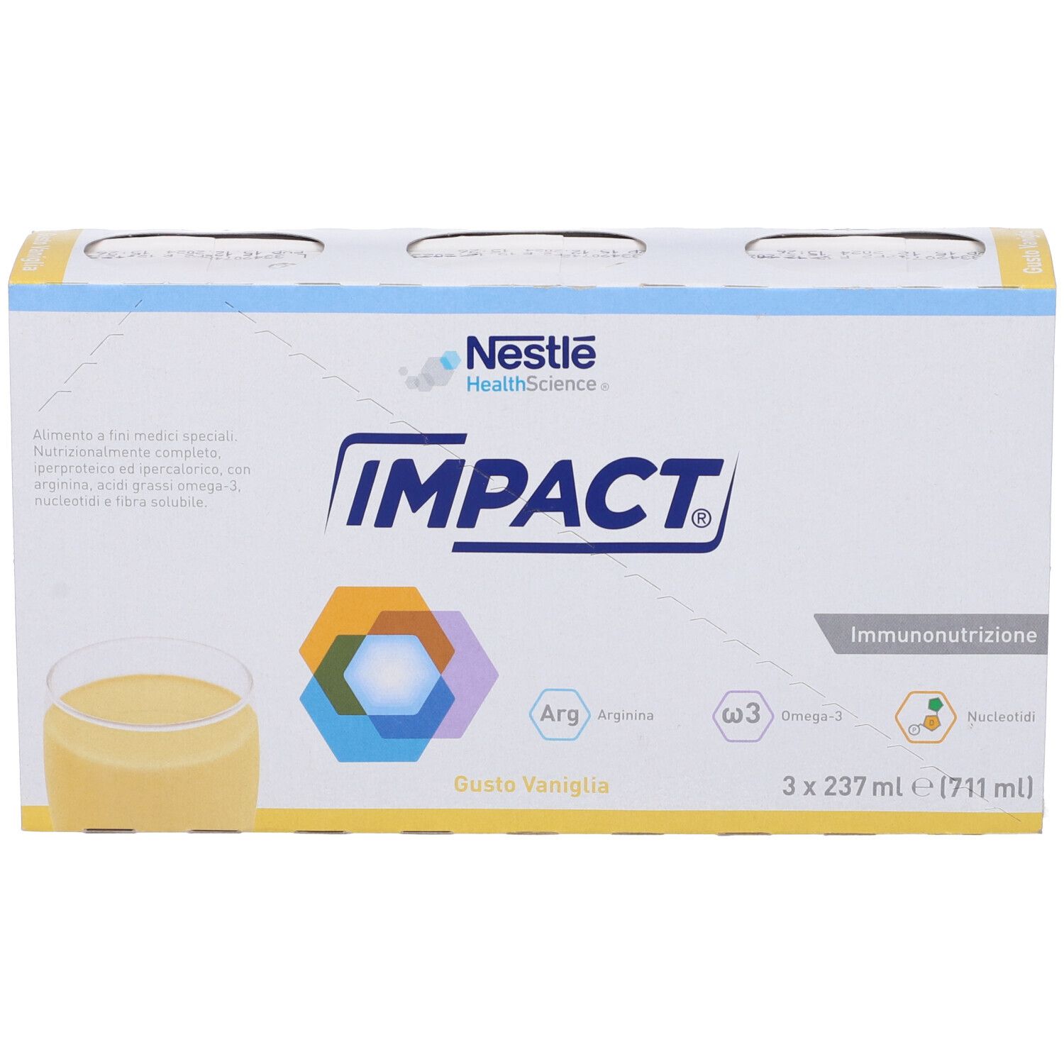 Confezione da 3 brick Impact Oral Vaniglia. Ogni brick 237 ml. Contiene arginina, omega-3 e nucleotidi. Logo Nestle HealthScience.