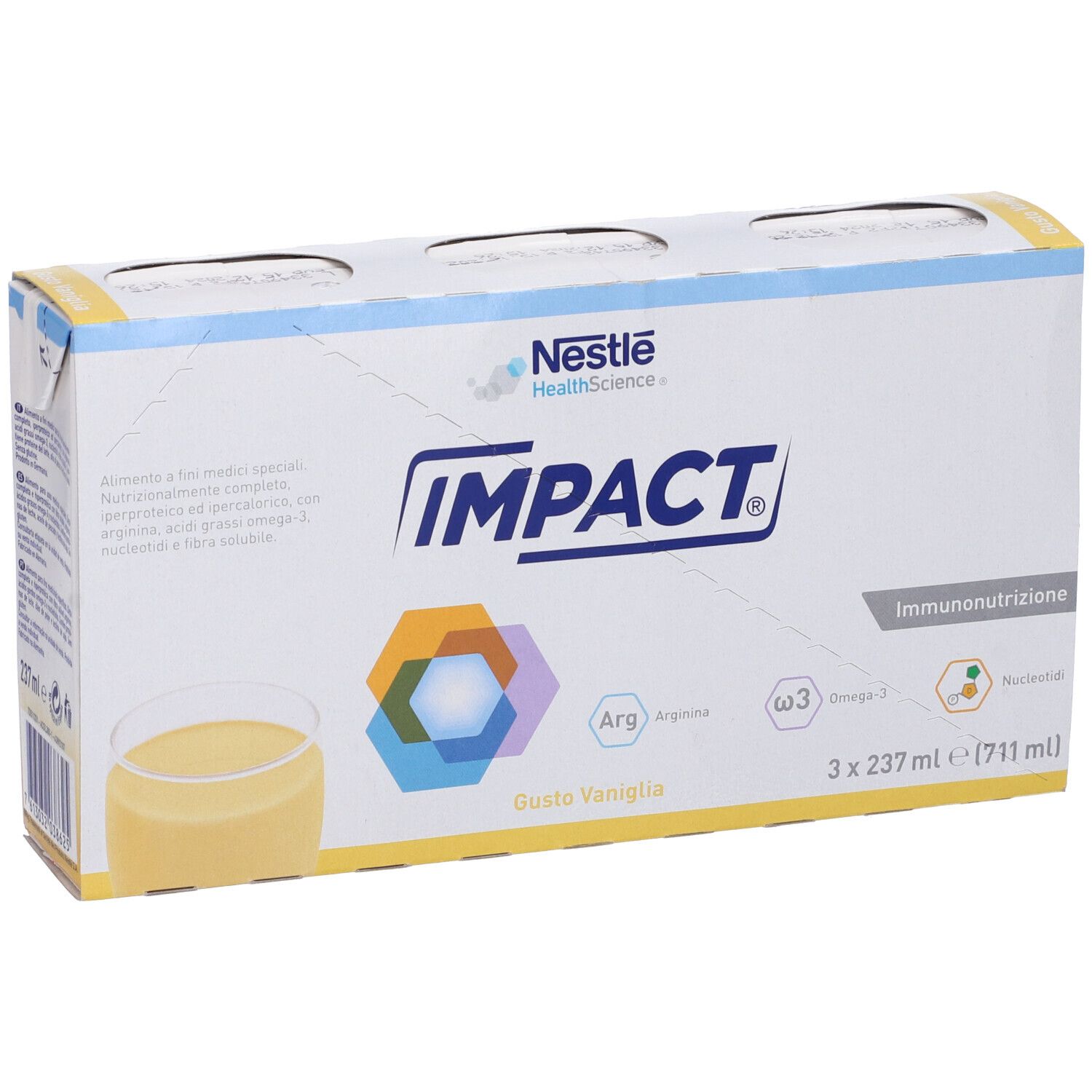 Confezione da 3 brick Impact Oral Vaniglia. Ogni brick 237 ml. Contiene arginina, omega-3 e nucleotidi. Logo Nestle HealthScience.