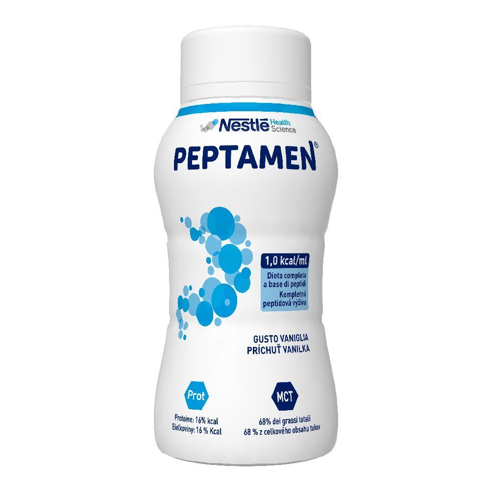 Bottiglia bianca con scritta Peptamen. Contiene 1,0 kcal/ml. Gusto vaniglia. Logo Nestle Health Science. Contiene proteine e MCT.
