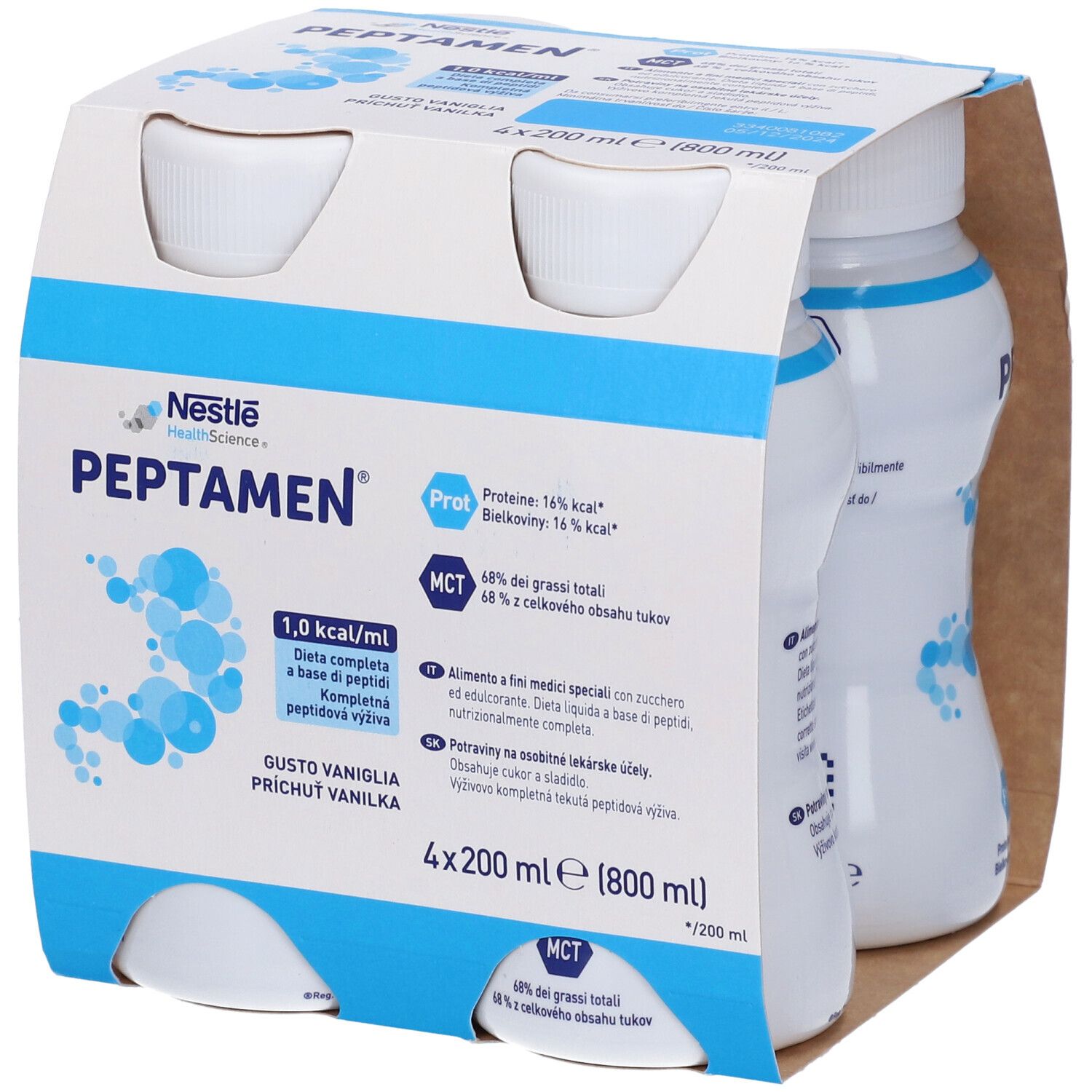 Confezione da quattro bottiglie Peptamen. Contiene 1,0 kcal/ml. Gusto vaniglia. Logo Nestle Health Science. Contiene proteine e MCT. 4x200ml.