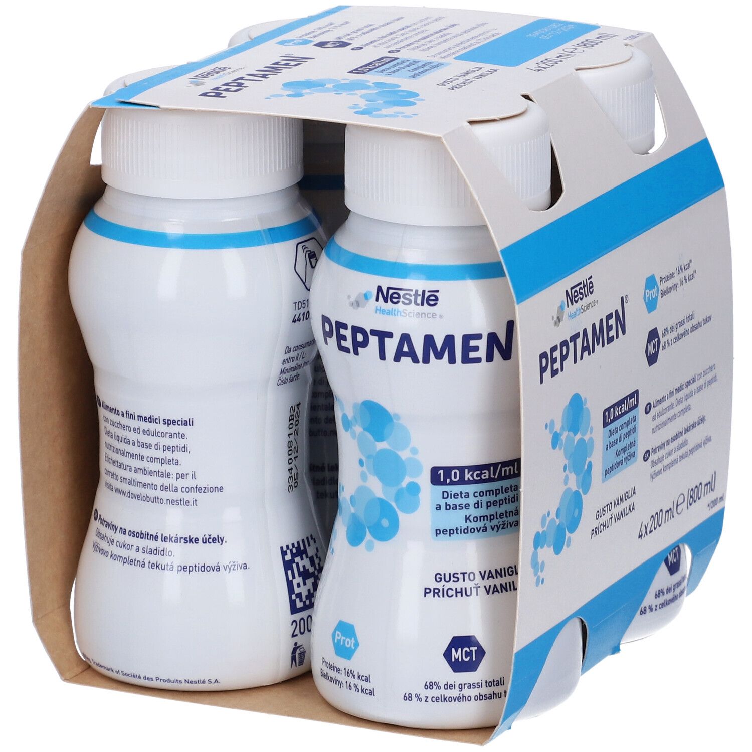 Confezione da quattro bottiglie Peptamen. Contiene 1,0 kcal/ml. Gusto vaniglia. Logo Nestle Health Science. Contiene proteine e MCT. 4x200ml.