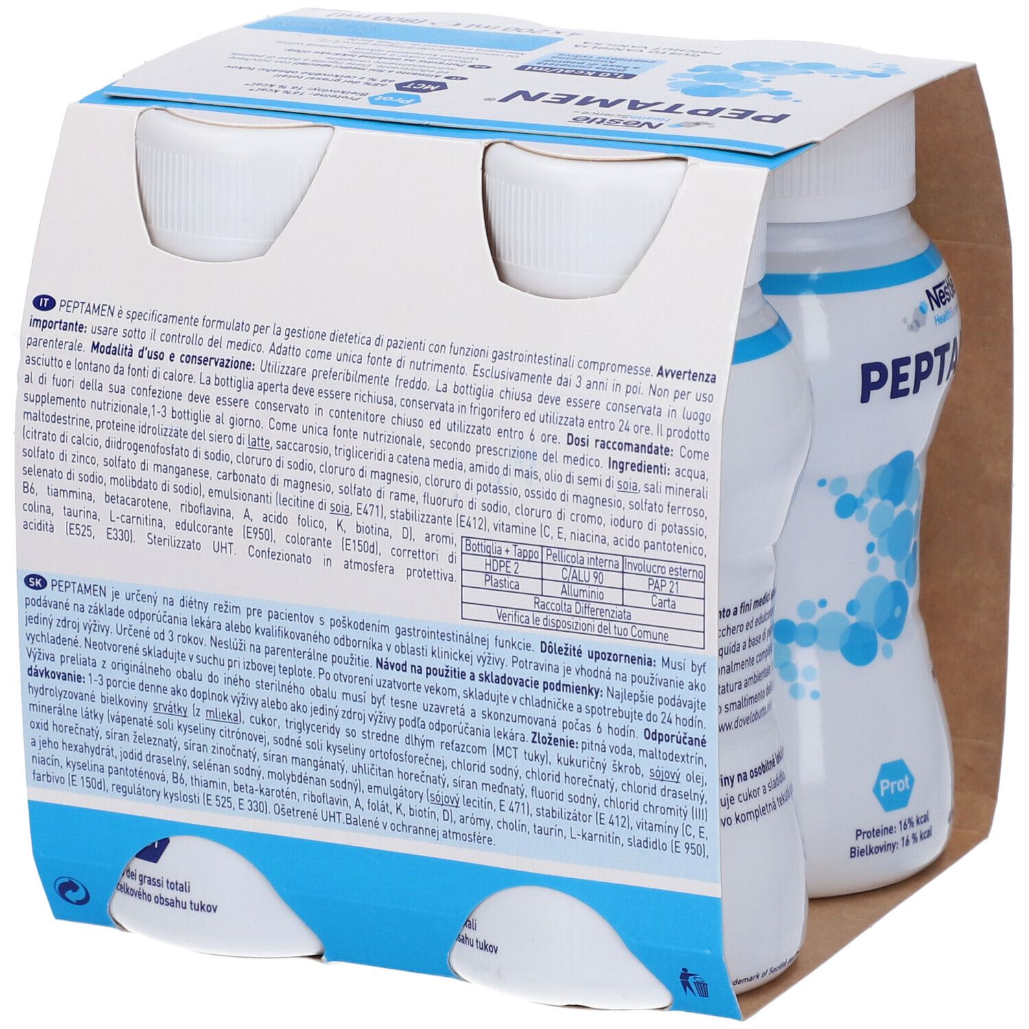 Confezione da quattro bottiglie Peptamen. Contiene 1,0 kcal/ml. Gusto vaniglia. Logo Nestle Health Science. Contiene proteine e MCT. 4x200ml.