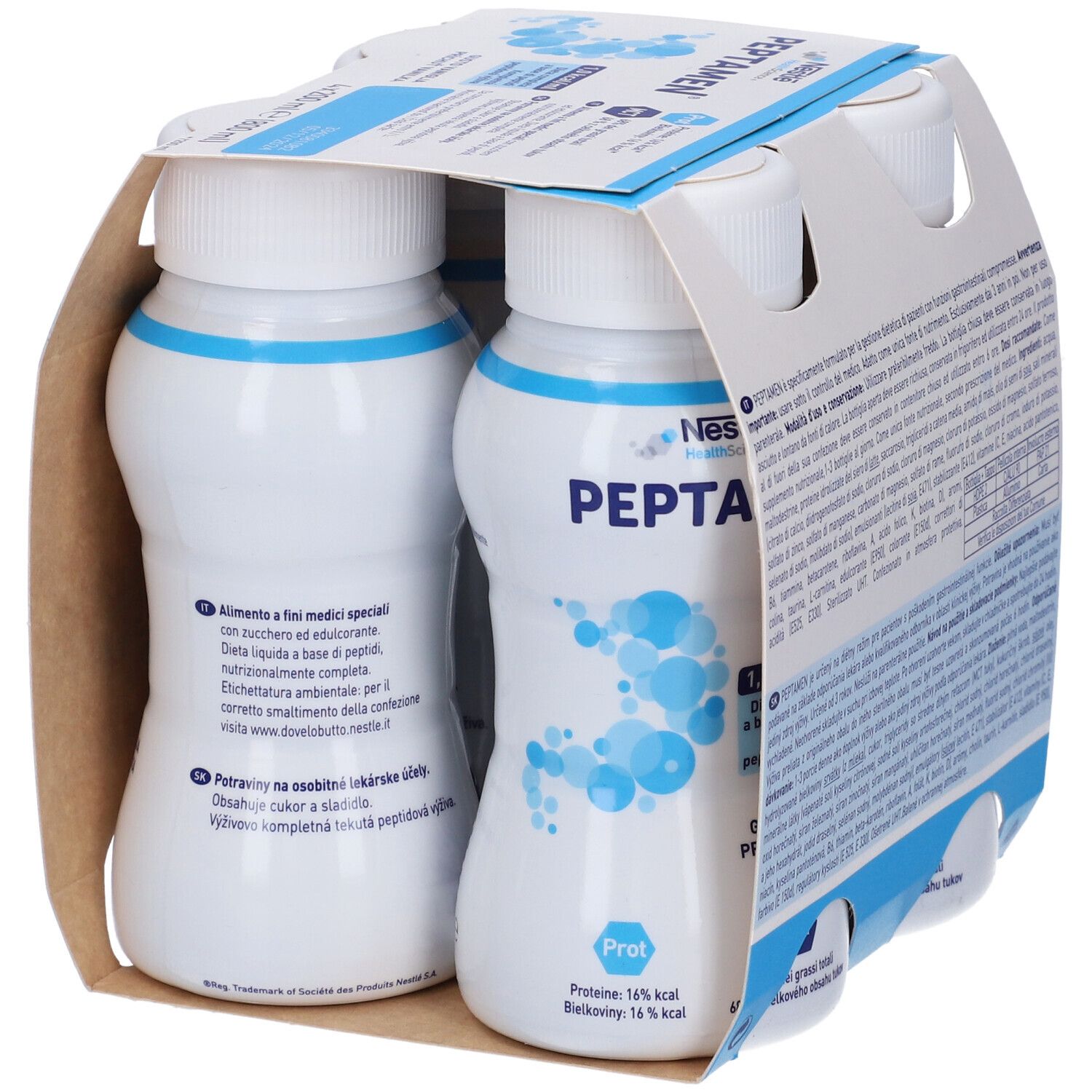 Confezione da quattro bottiglie Peptamen. Contiene 1,0 kcal/ml. Gusto vaniglia. Logo Nestle Health Science. Contiene proteine e MCT. 4x200ml.