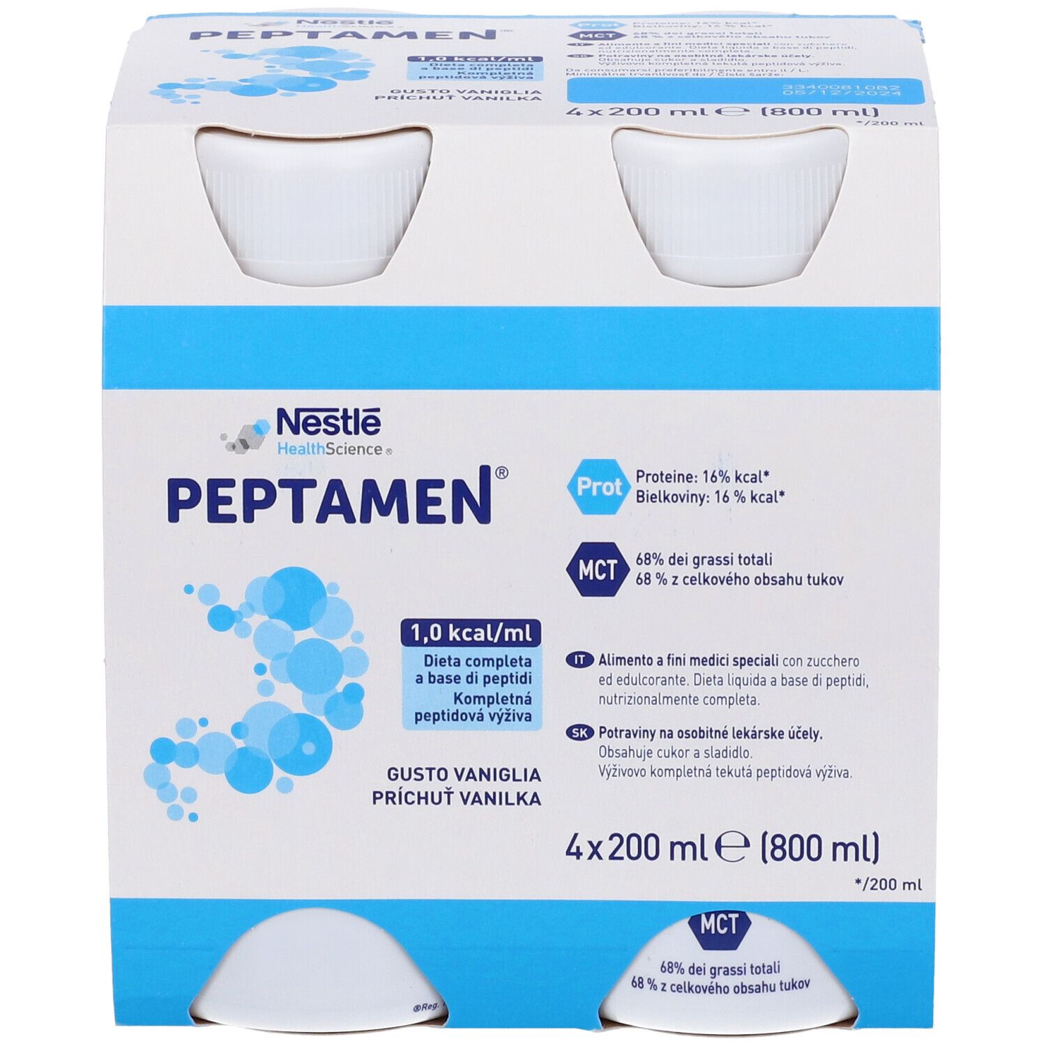 Confezione da quattro bottiglie Peptamen. Contiene 1,0 kcal/ml. Gusto vaniglia. Logo Nestle Health Science. Contiene proteine e MCT. 4x200ml.