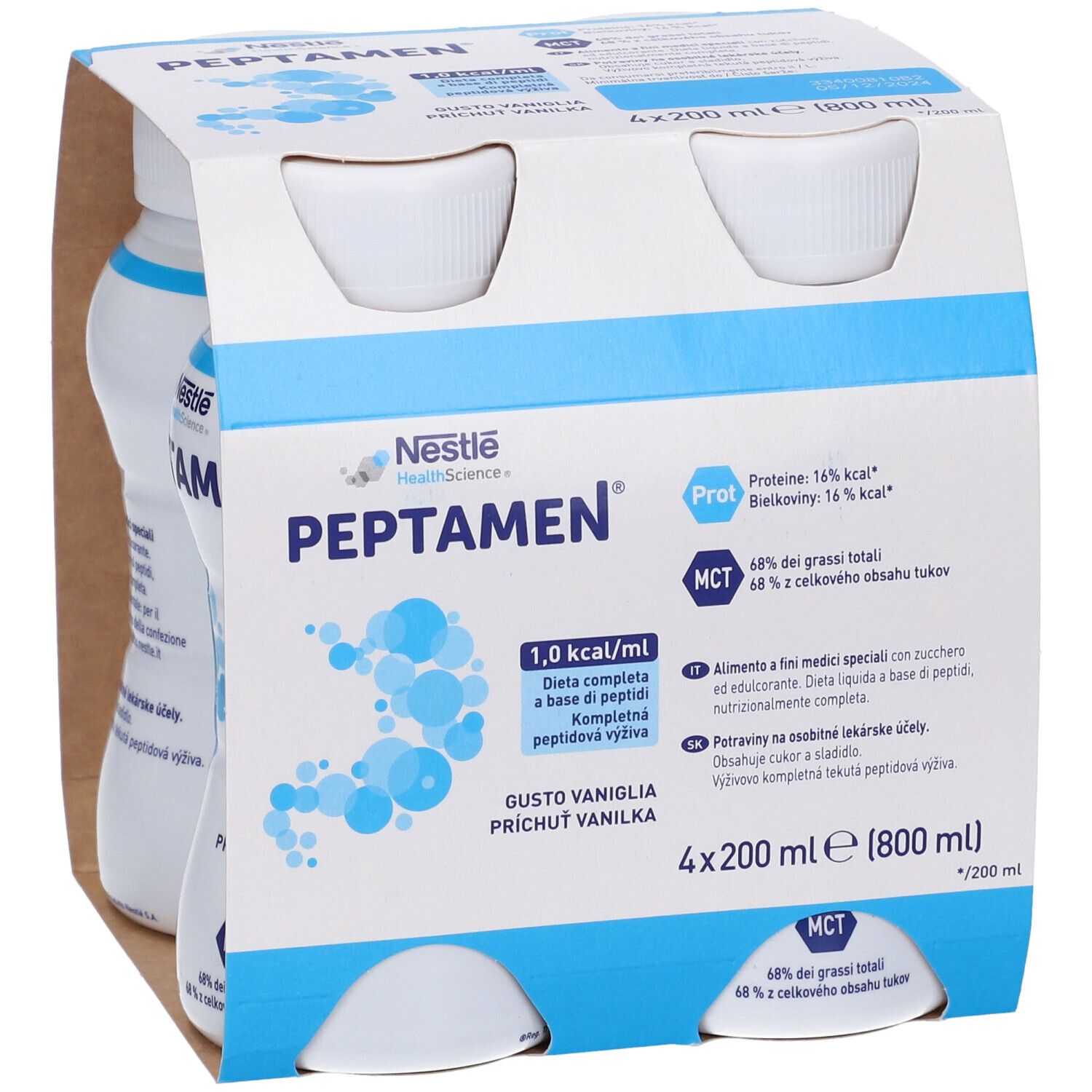 Confezione da quattro bottiglie Peptamen. Contiene 1,0 kcal/ml. Gusto vaniglia. Logo Nestle Health Science. Contiene proteine e MCT. 4x200ml.
