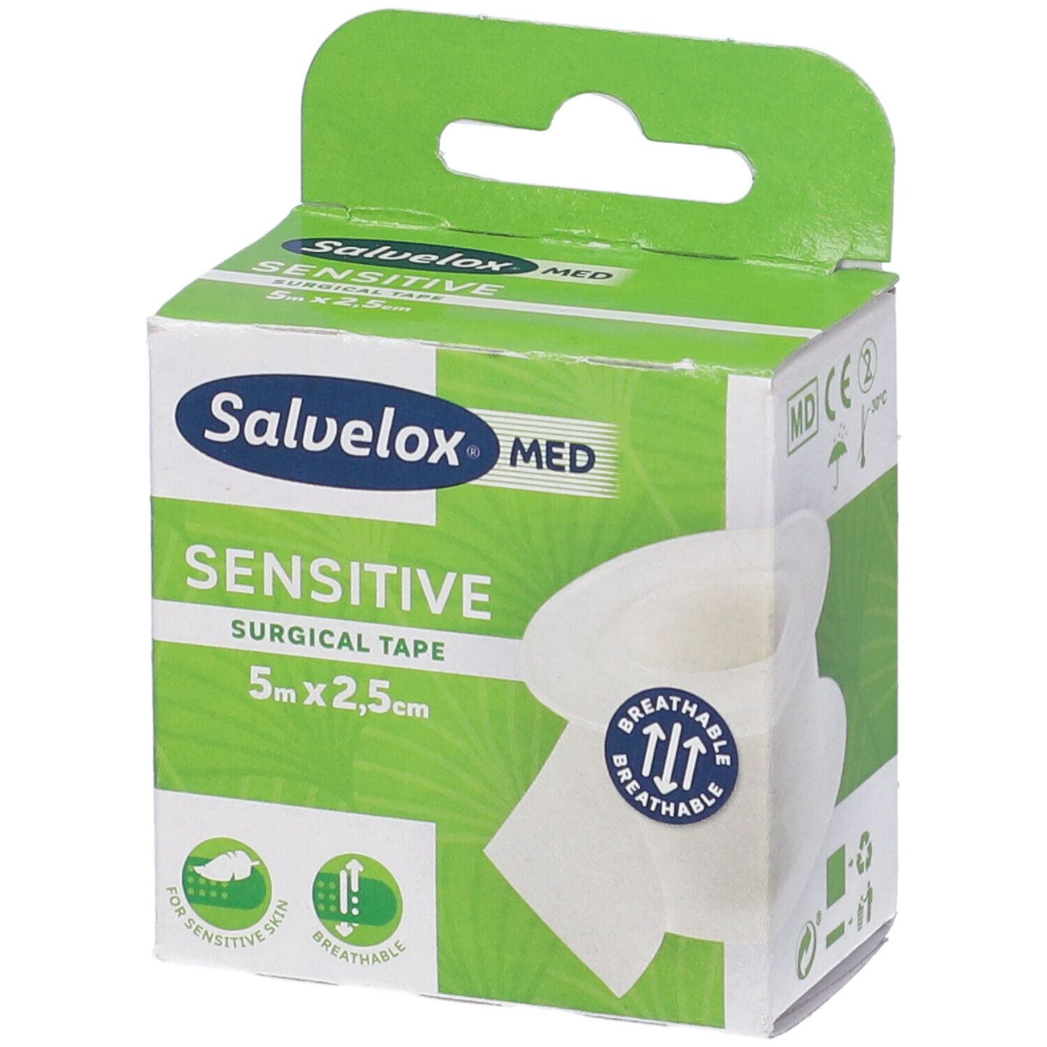Confezione di nastro chirurgico Salvelox Med Sensitive. Design verde e bianco, nome del prodotto e dimensioni visibili.