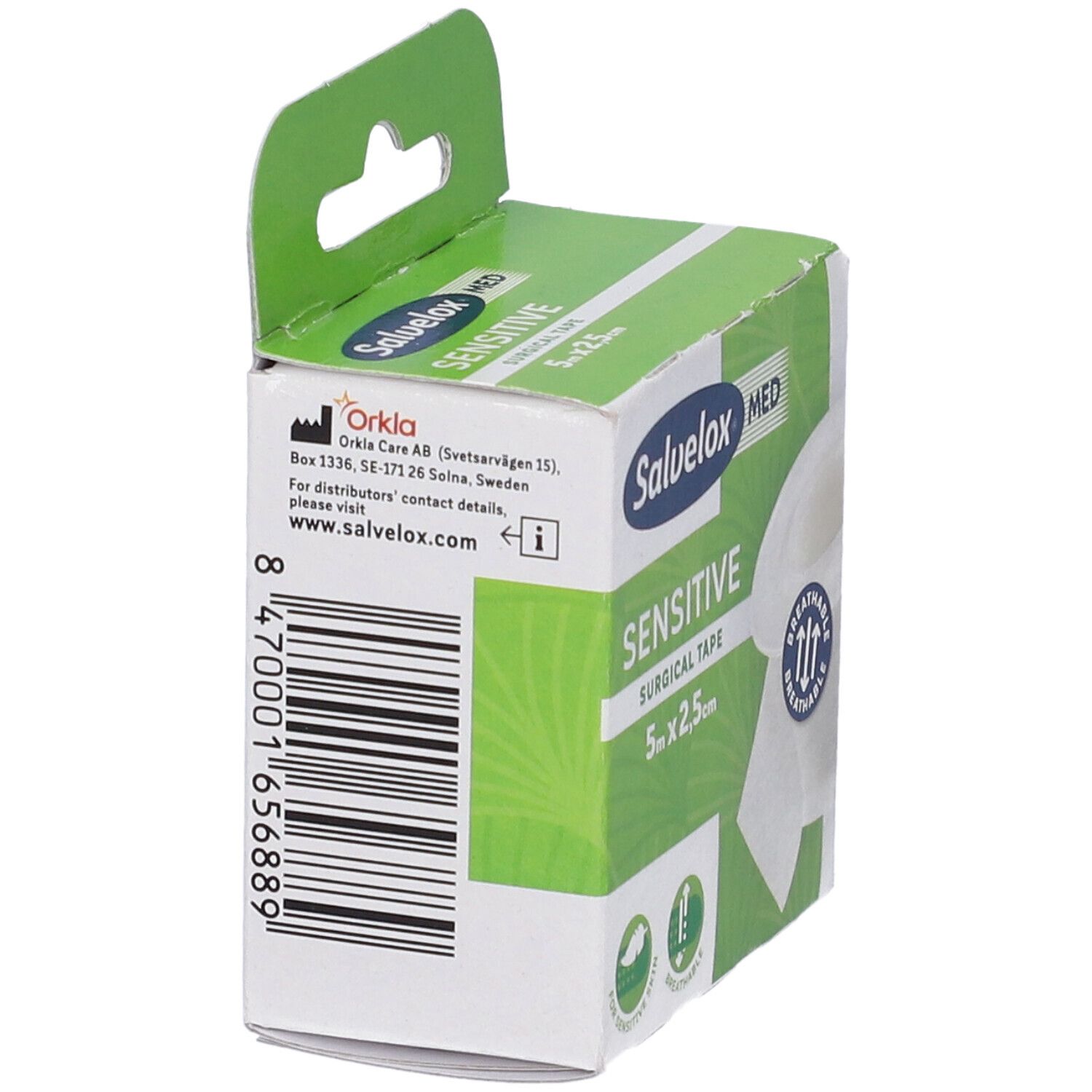 Vista laterale della confezione Salvelox Med Sensitive. Design verde e bianco, codice a barre e informazioni di contatto visibili.