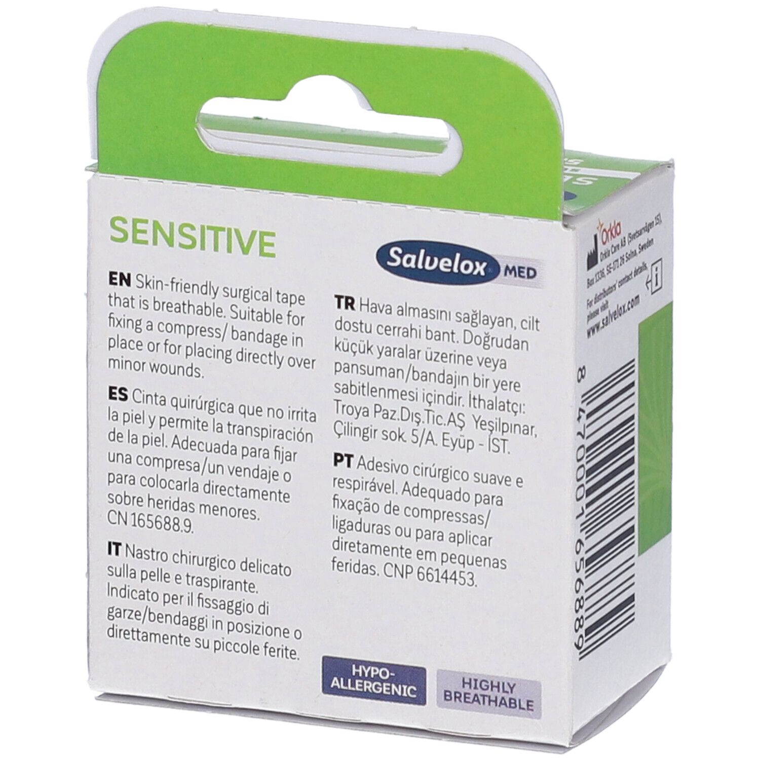 Retro della confezione Salvelox Med Sensitive. Testo in più lingue, tra cui italiano, inglese e francese.