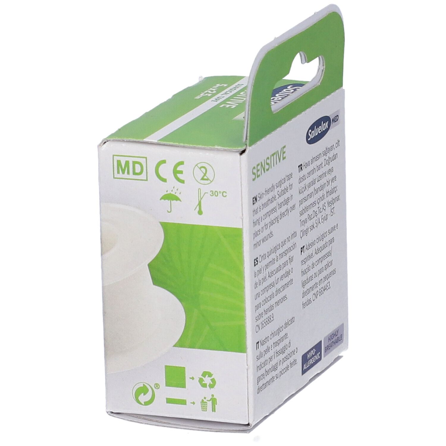 Vista obliqua della confezione Salvelox Med Sensitive. Design verde e bianco, informazioni sul prodotto e simboli.
