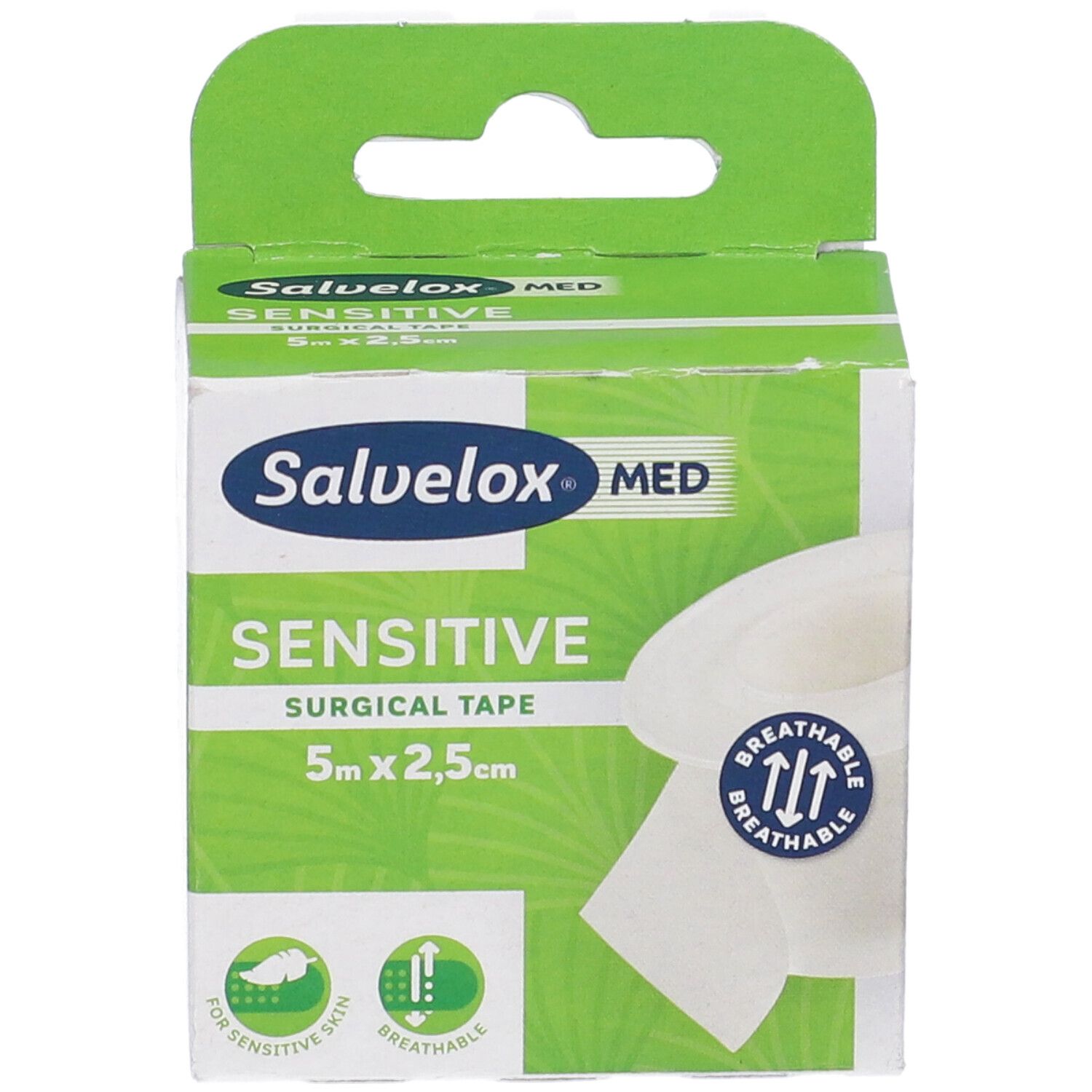 Confezione Salvelox Med Sensitive. Design verde e bianco, nome del prodotto, dimensioni e simbolo traspirante visibili.