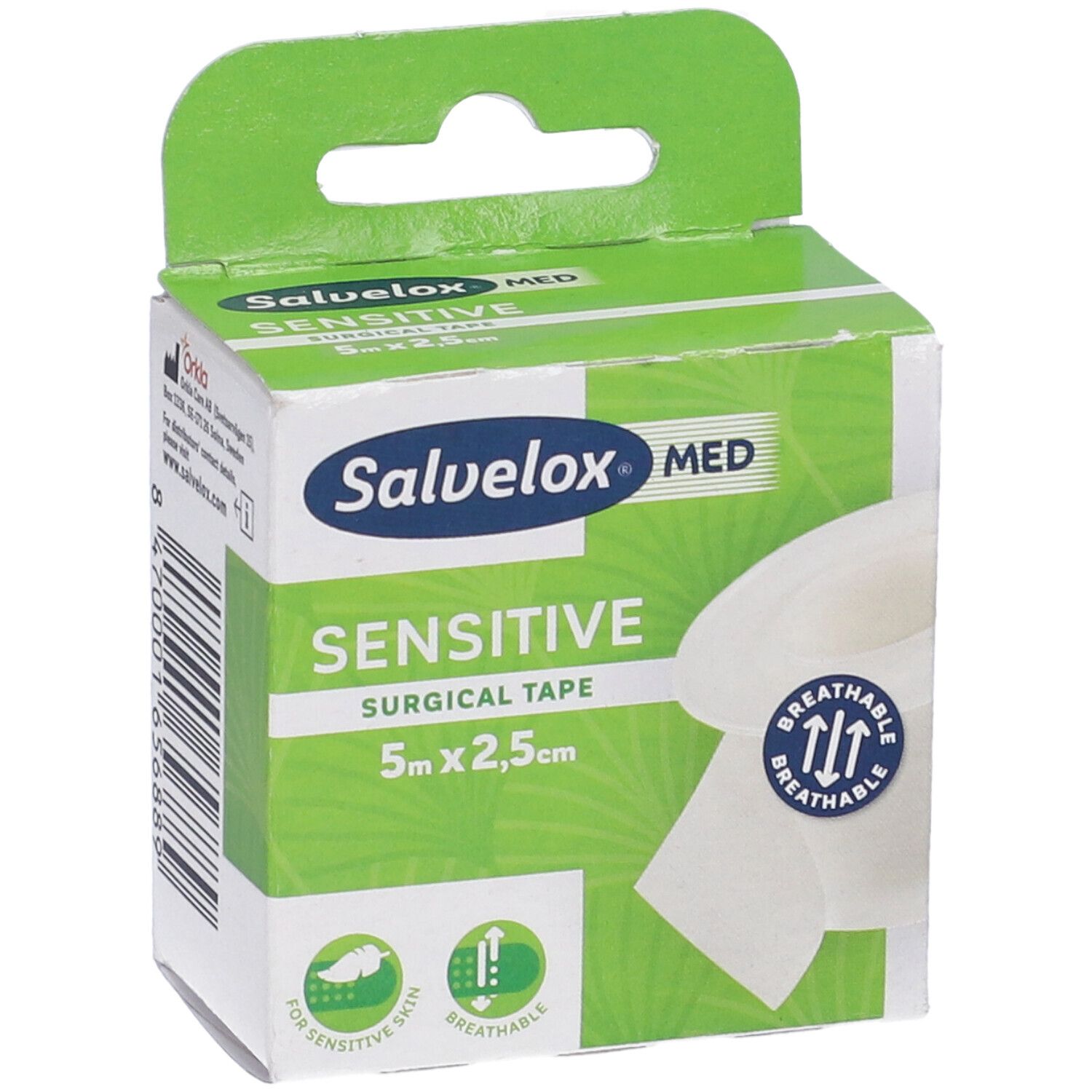 Confezione Salvelox Med Sensitive. Design verde e bianco, nome del prodotto, dimensioni e simbolo traspirante.