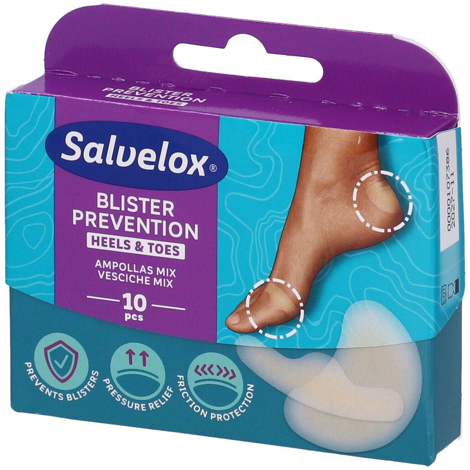 Confezione Salvelox Blister Prevention. Piede con vesciche. Contiene 10 cerotti. Previene le vesciche, allevia la pressione, protegge dall'attrito.