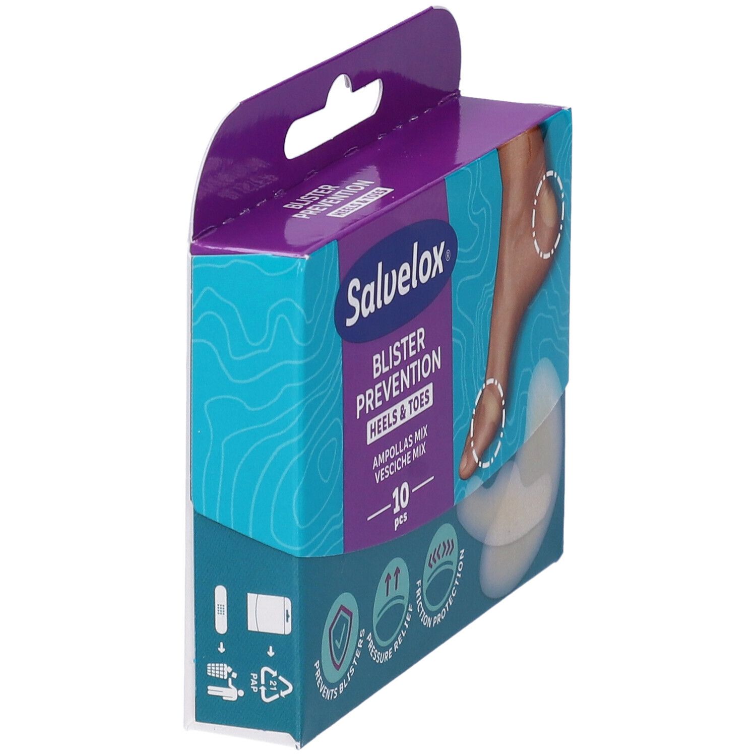 Confezione Salvelox Blister Prevention, angolata. Piede con vesciche. Contiene 10 cerotti. Previene le vesciche, allevia la pressione, protegge dall'attrito.