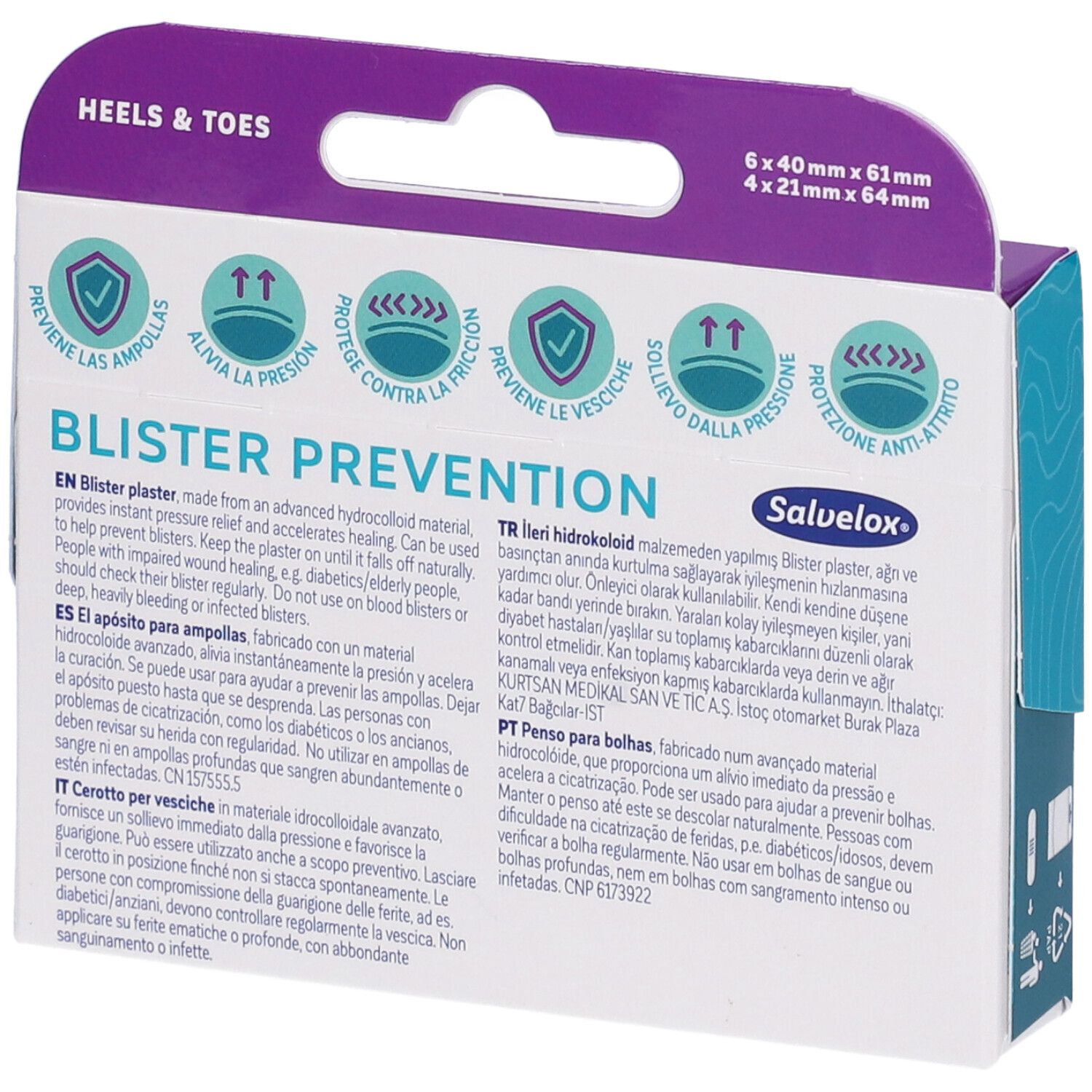 Retro confezione Salvelox Blister Prevention. Testo in tedesco, turco, italiano. Informazioni sui cerotti.