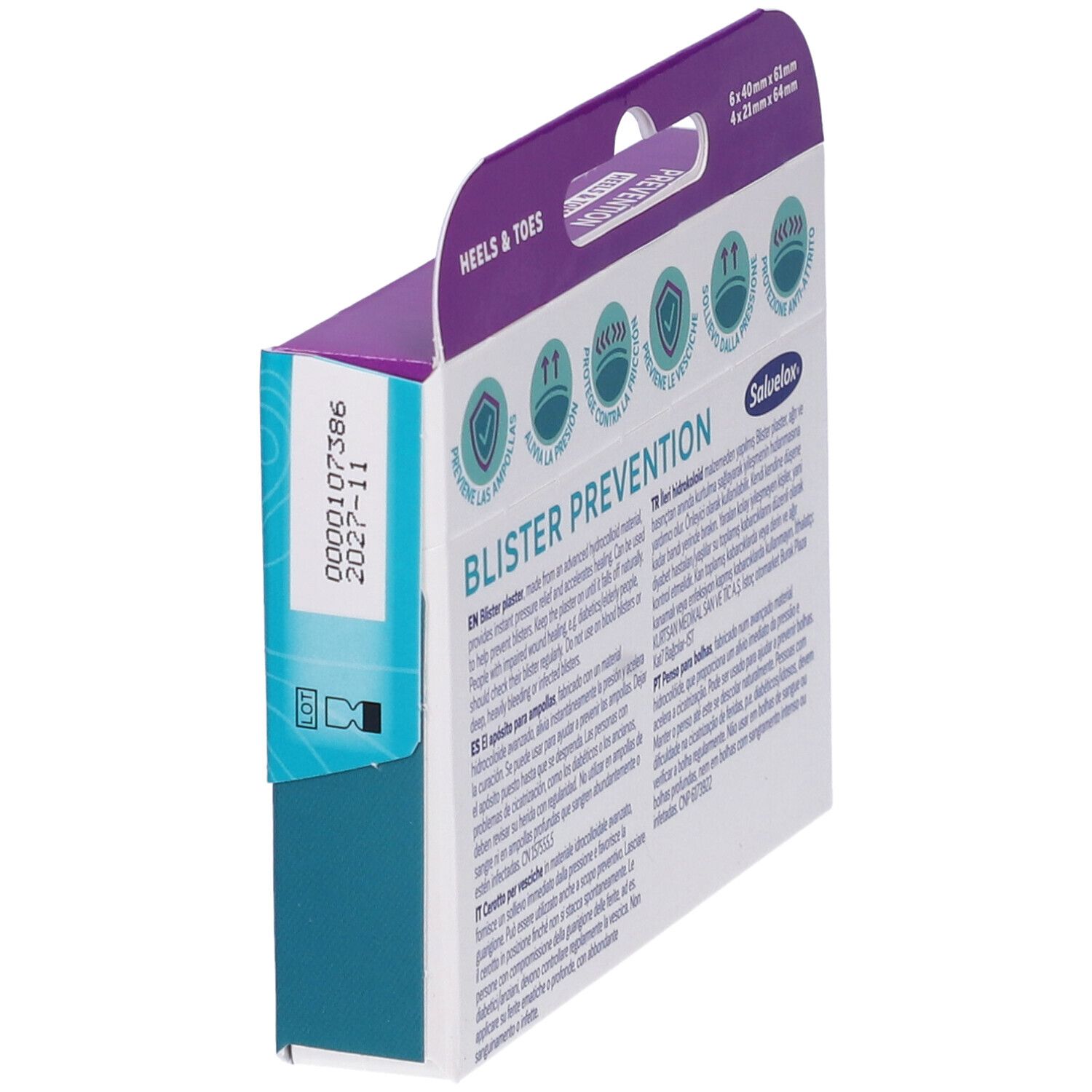 Lato confezione Salvelox Blister Prevention. Testo e date. Informazioni sui cerotti.