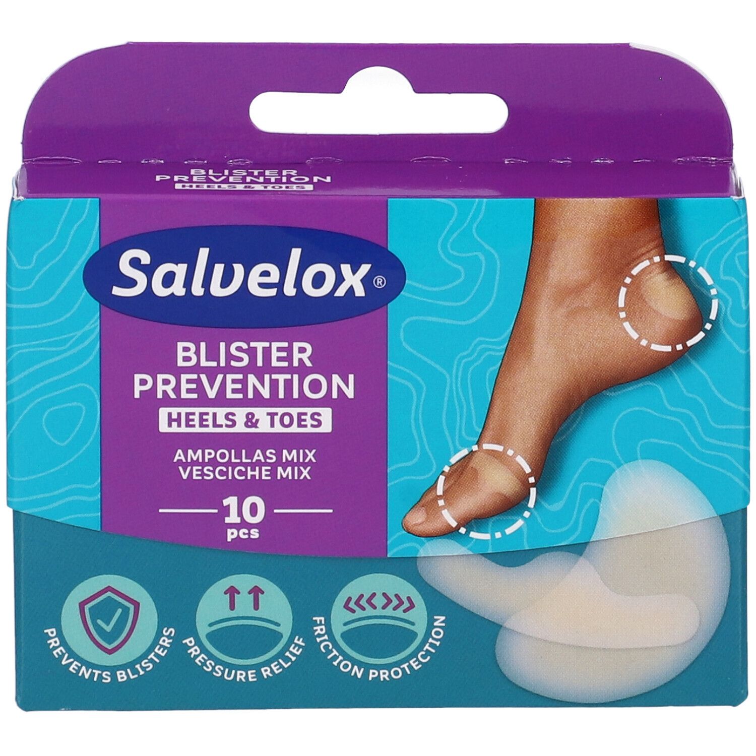 Confezione Salvelox Blister Prevention. Piede con vesciche. Contiene 10 cerotti. Previene le vesciche, allevia la pressione, protegge dall'attrito.