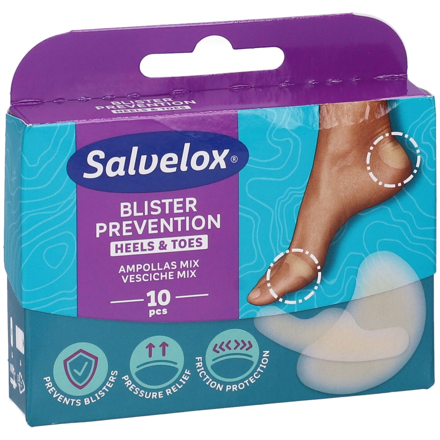 Confezione Salvelox Blister Prevention. Piede con vesciche. Contiene 10 cerotti. Previene le vesciche, allevia la pressione, protegge dall'attrito.