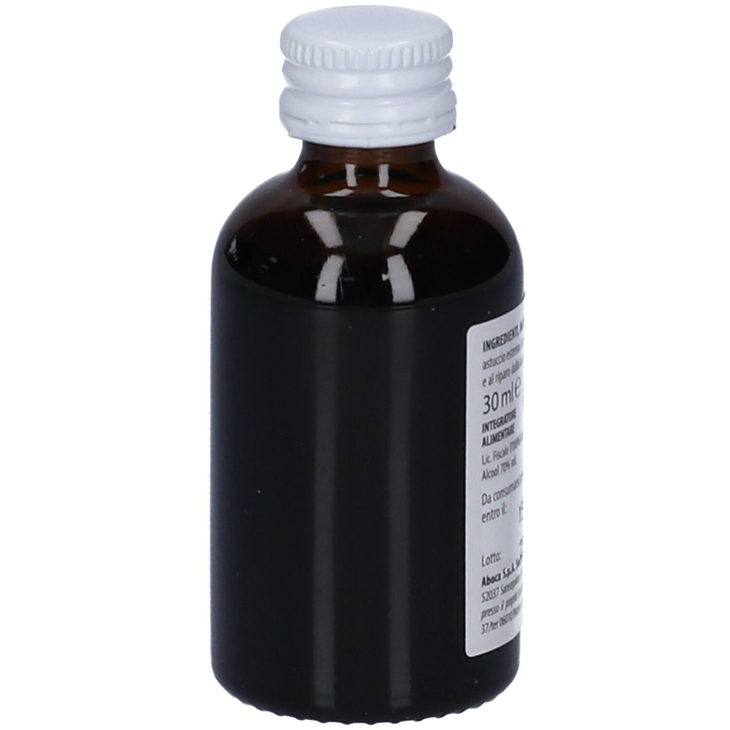 Braune Glasflasche mit weißem Deckel. Seitenansicht mit Produktinformationen und Etikett.