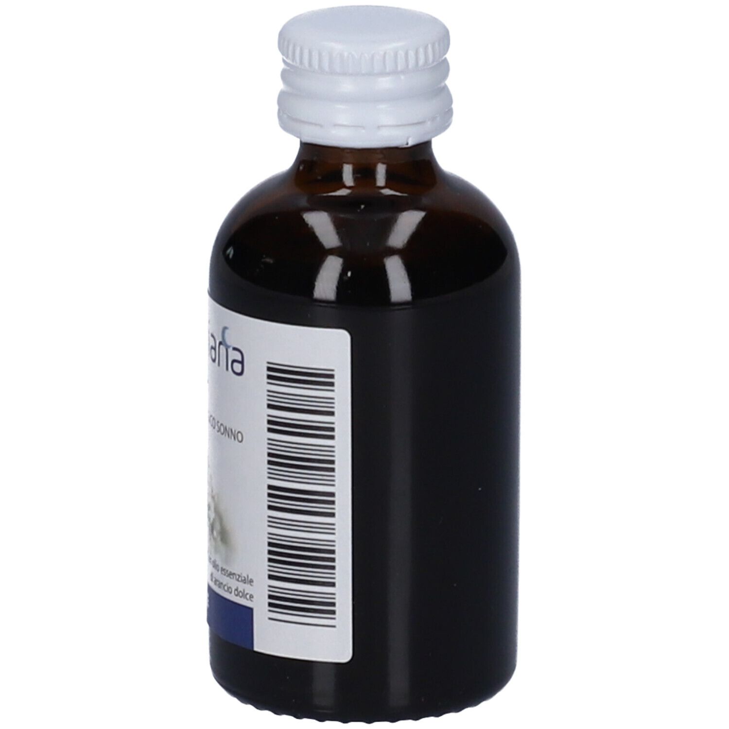Braune Glasflasche mit weißem Deckel. Seitenansicht mit Etikett und Barcode.