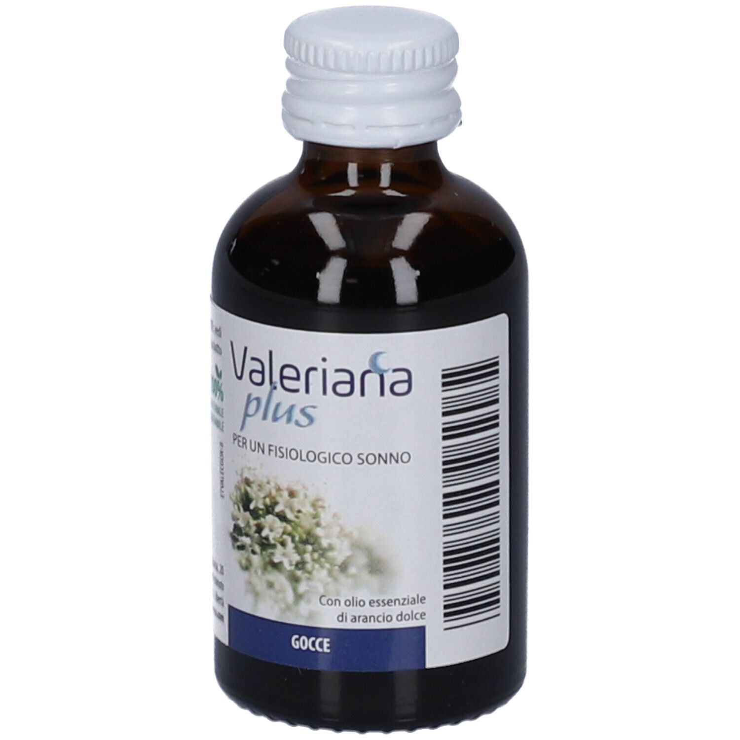 Braune Glasflasche mit weißem Deckel. Etikett mit Produktnamen Valeriana plus und floralem Motiv.