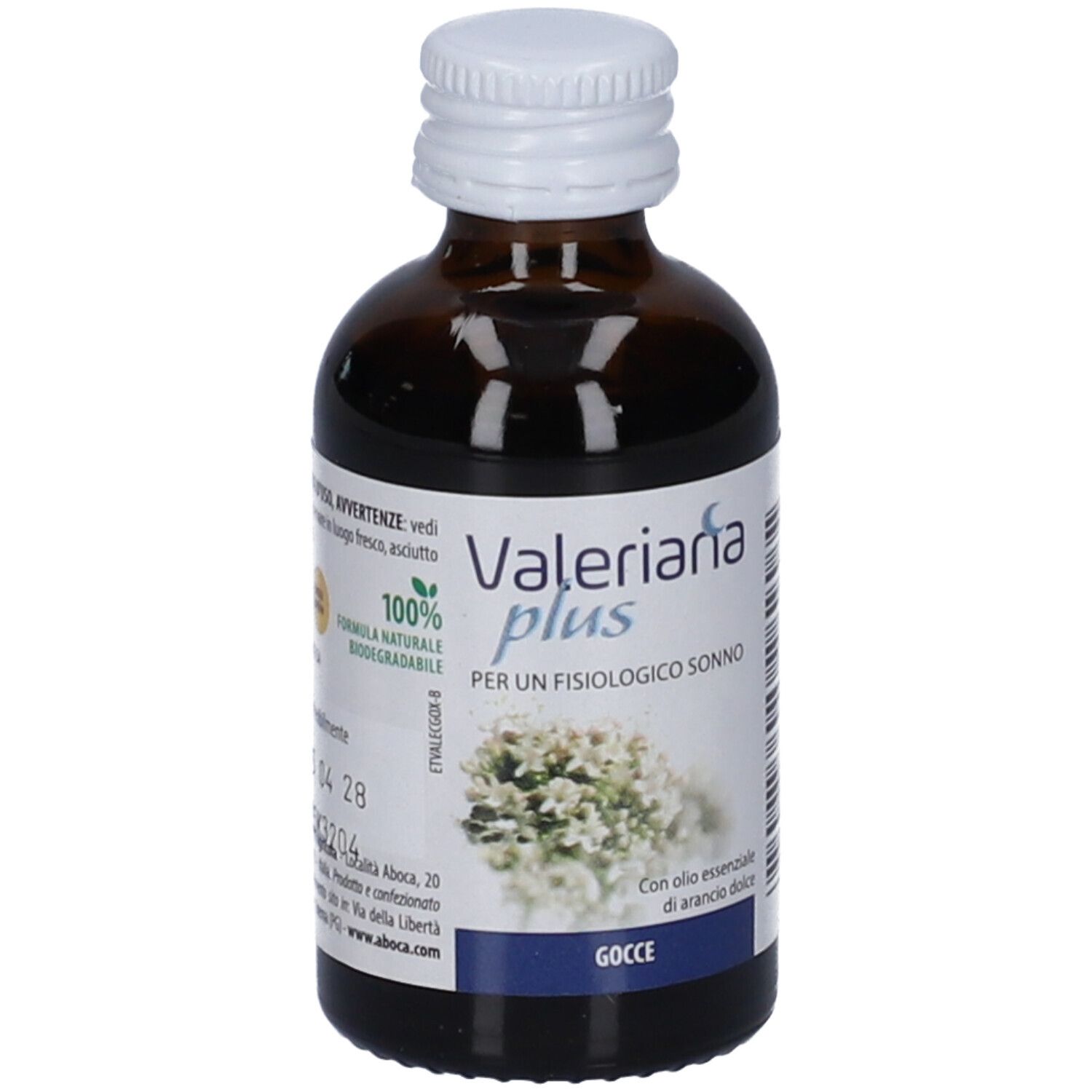 Braune Glasflasche mit weißem Deckel. Etikett mit Produktnamen Valeriana plus, floralem Motiv und Text.