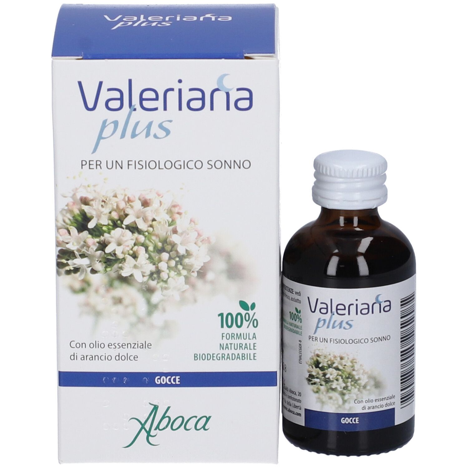 Produktverpackung und Flasche. Schachtel mit Produktnamen Valeriana plus und Flasche daneben.