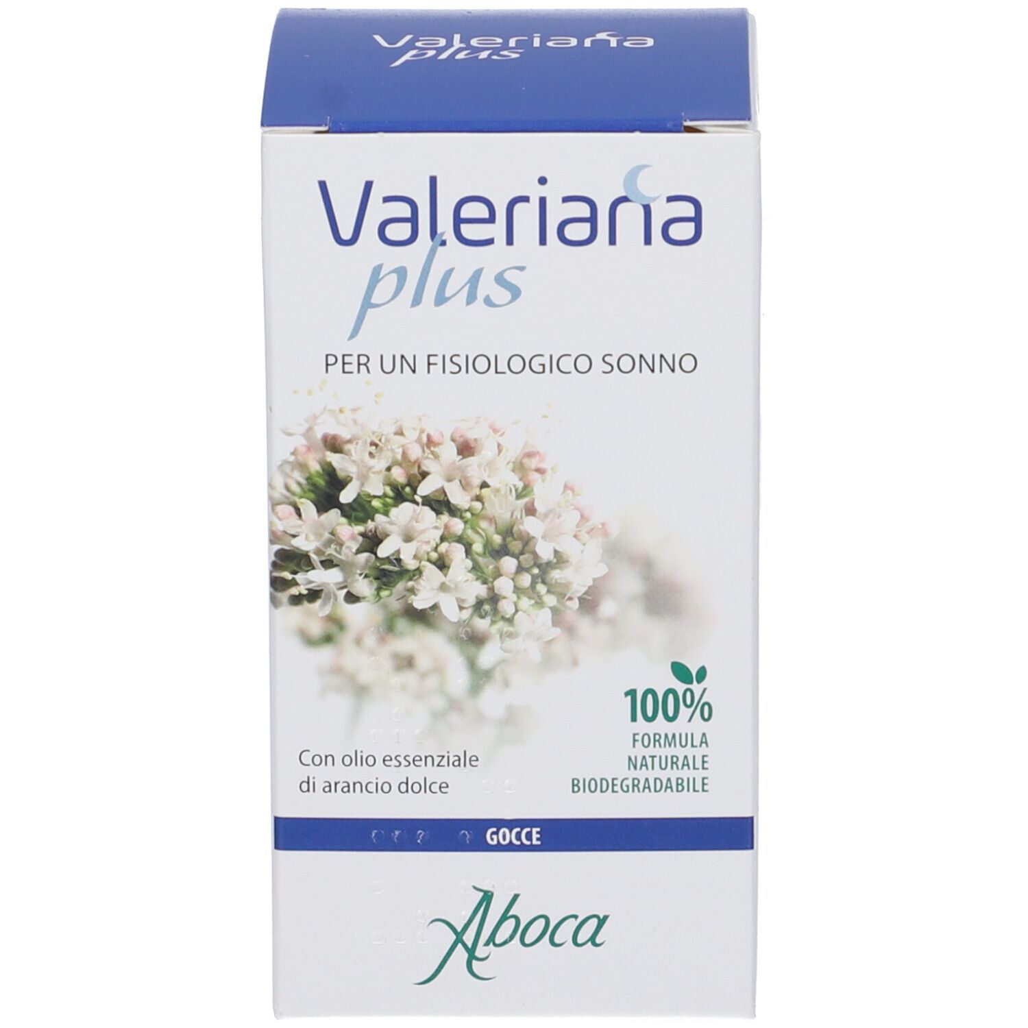 Produktverpackung. Weiße Schachtel mit Produktnamen Valeriana plus, floralem Motiv und Text.