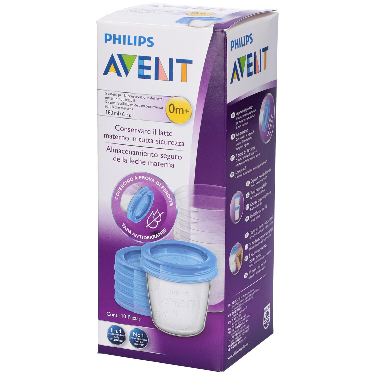Confezione con contenitori. Logo Philips Avent. 10 pezzi. Contenitori con coperchi blu. 180 ml.