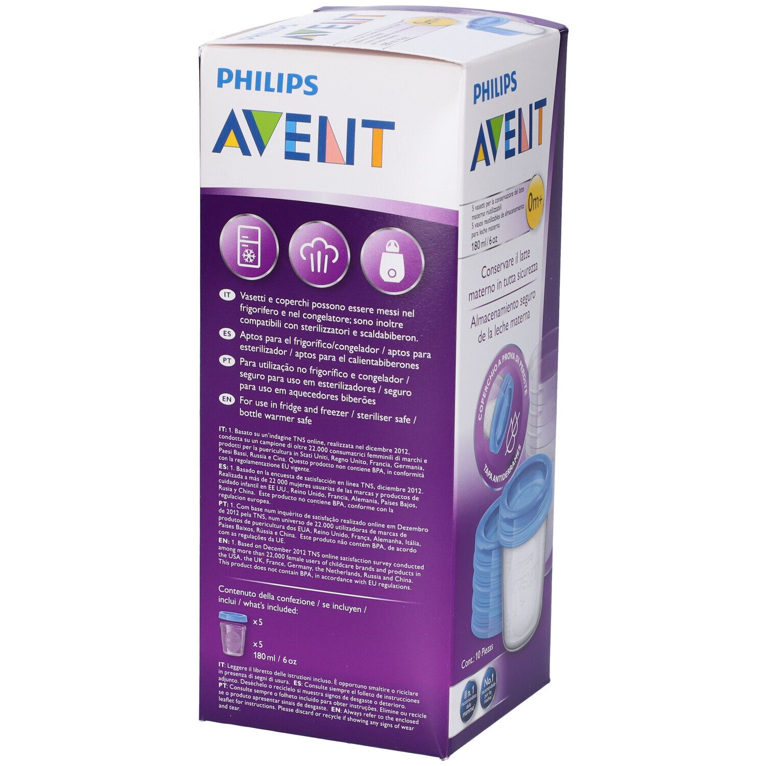 Retro della confezione. Logo Philips Avent. Informazioni sui contenitori. 180 ml. Per congelatore e riscaldamento.