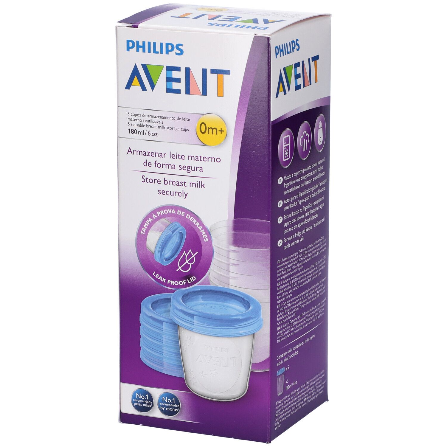 Confezione. Logo Philips Avent. 180 ml. Contenitori con coperchi blu. Informazioni sui contenitori.