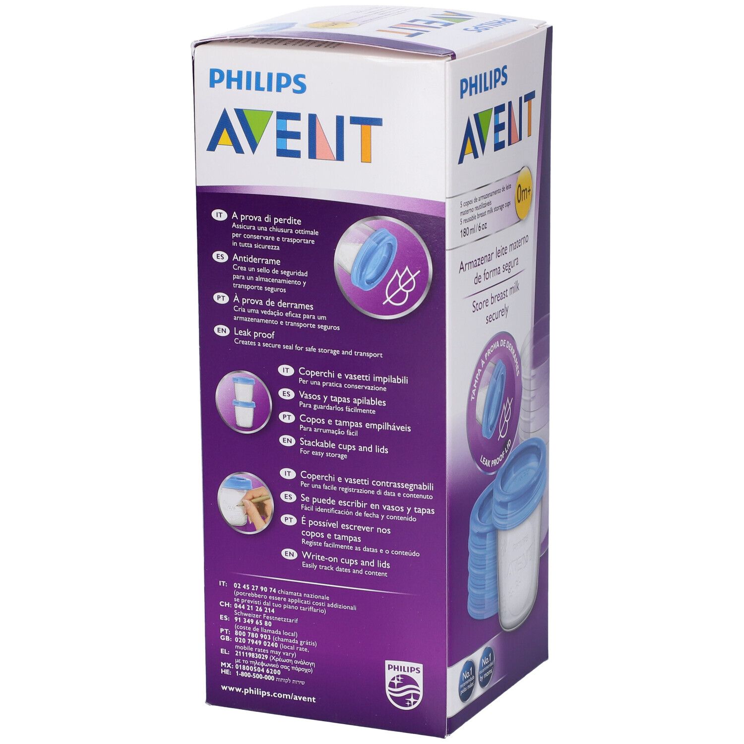 Retro della confezione. Logo Philips Avent. Informazioni sui contenitori. 180 ml. Per congelatore e riscaldamento.