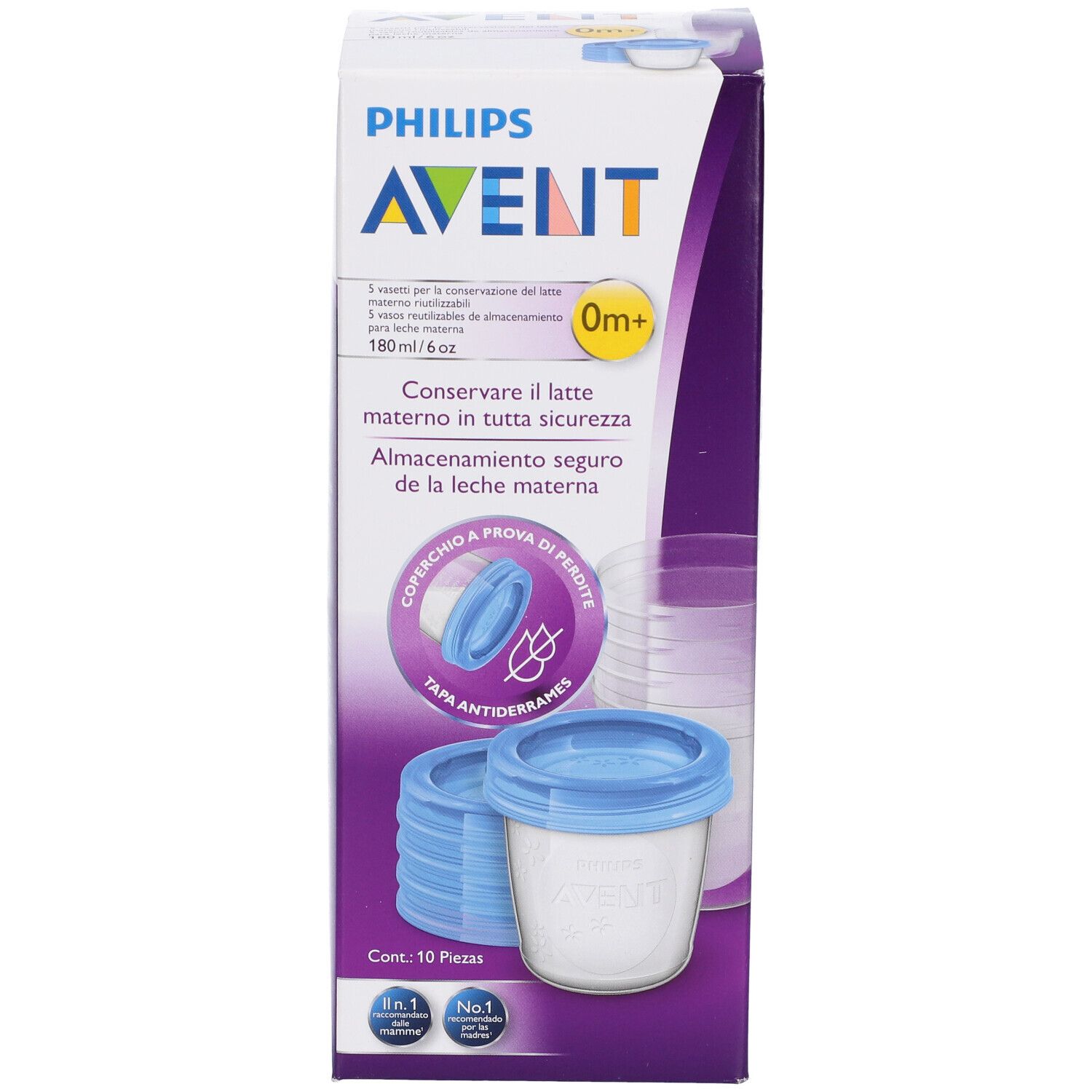 Confezione. Logo Philips Avent. 180 ml. Contenitori con coperchi blu. Informazioni sui contenitori.