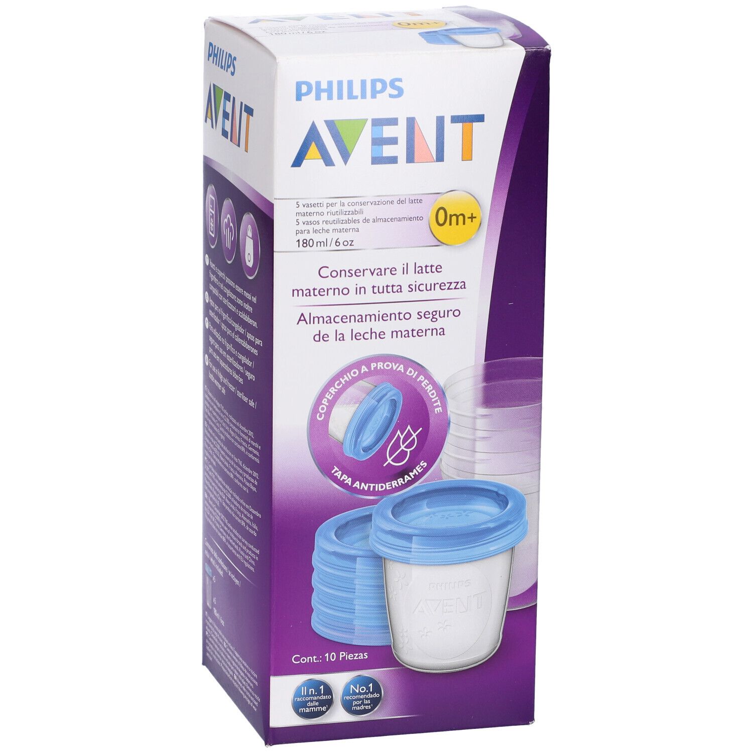 Confezione. Logo Philips Avent. 180 ml. Contenitori con coperchi blu. Informazioni sui contenitori.