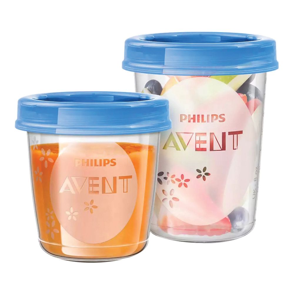 Due contenitori trasparenti con coperchi blu. Uno con purea arancione, l'altro con frutta. Marchio "PHILIPS AVENT".
